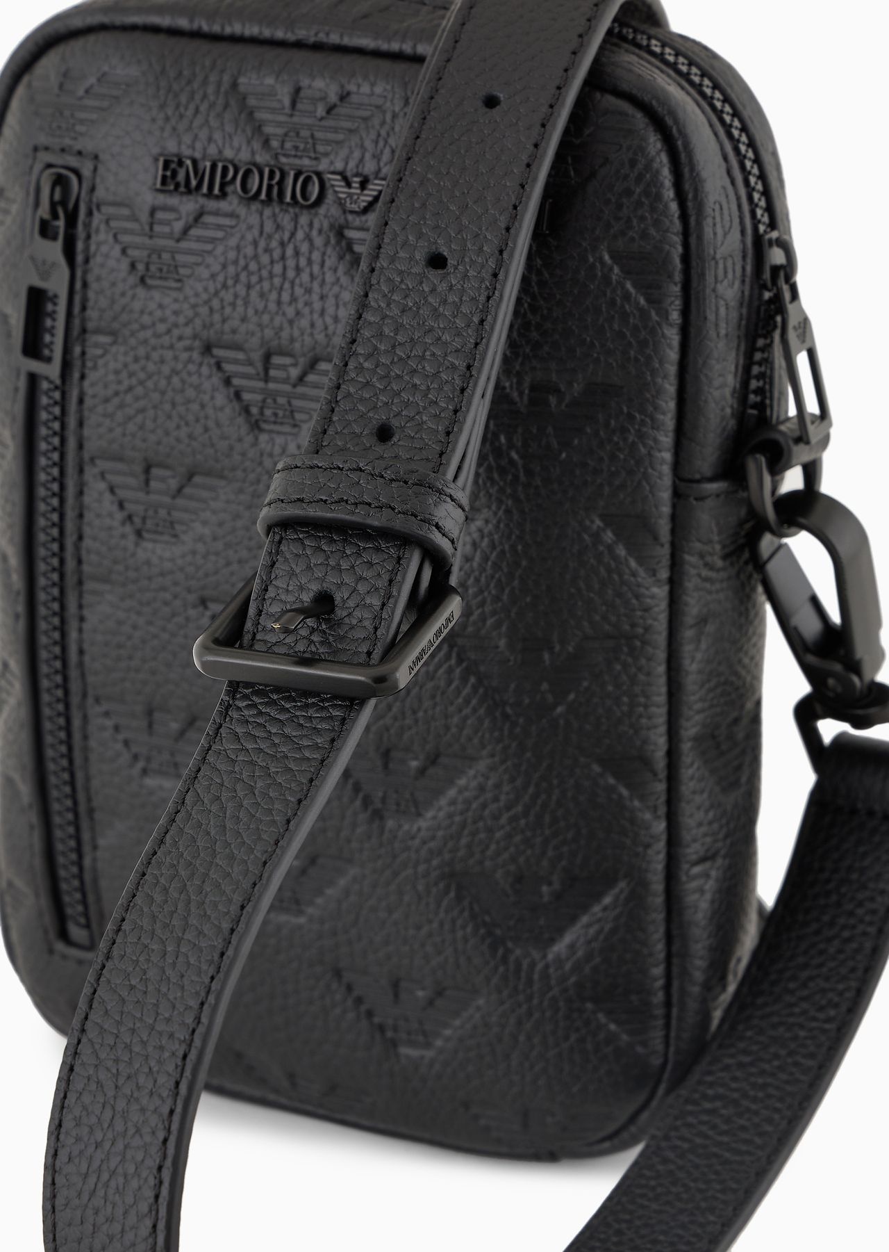 Leather tech case with shoulder strap with all-over embossed eagle - 5
