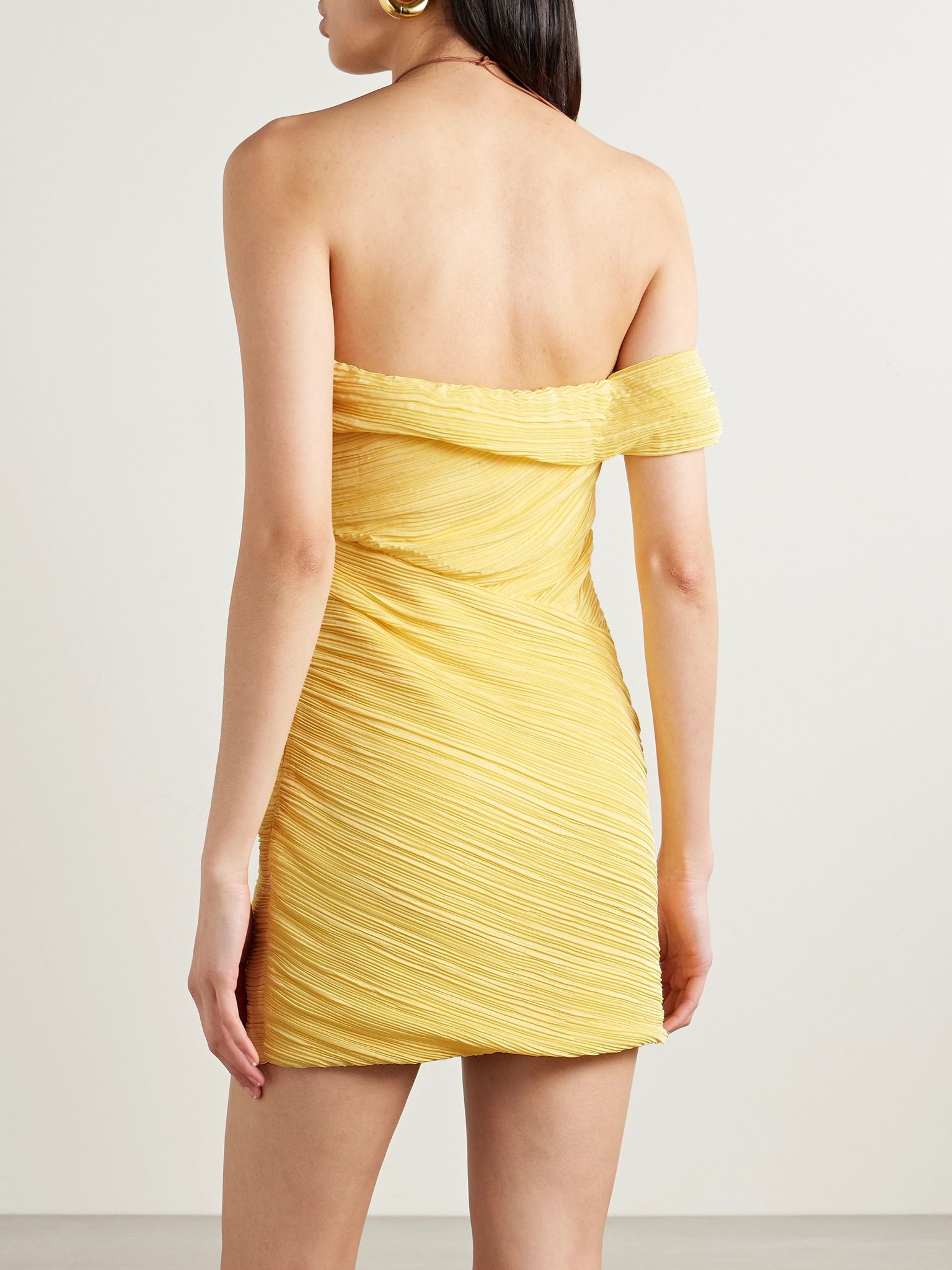 Ahra off-the-shoulder draped plissé-satin mini dress Yellow - 3