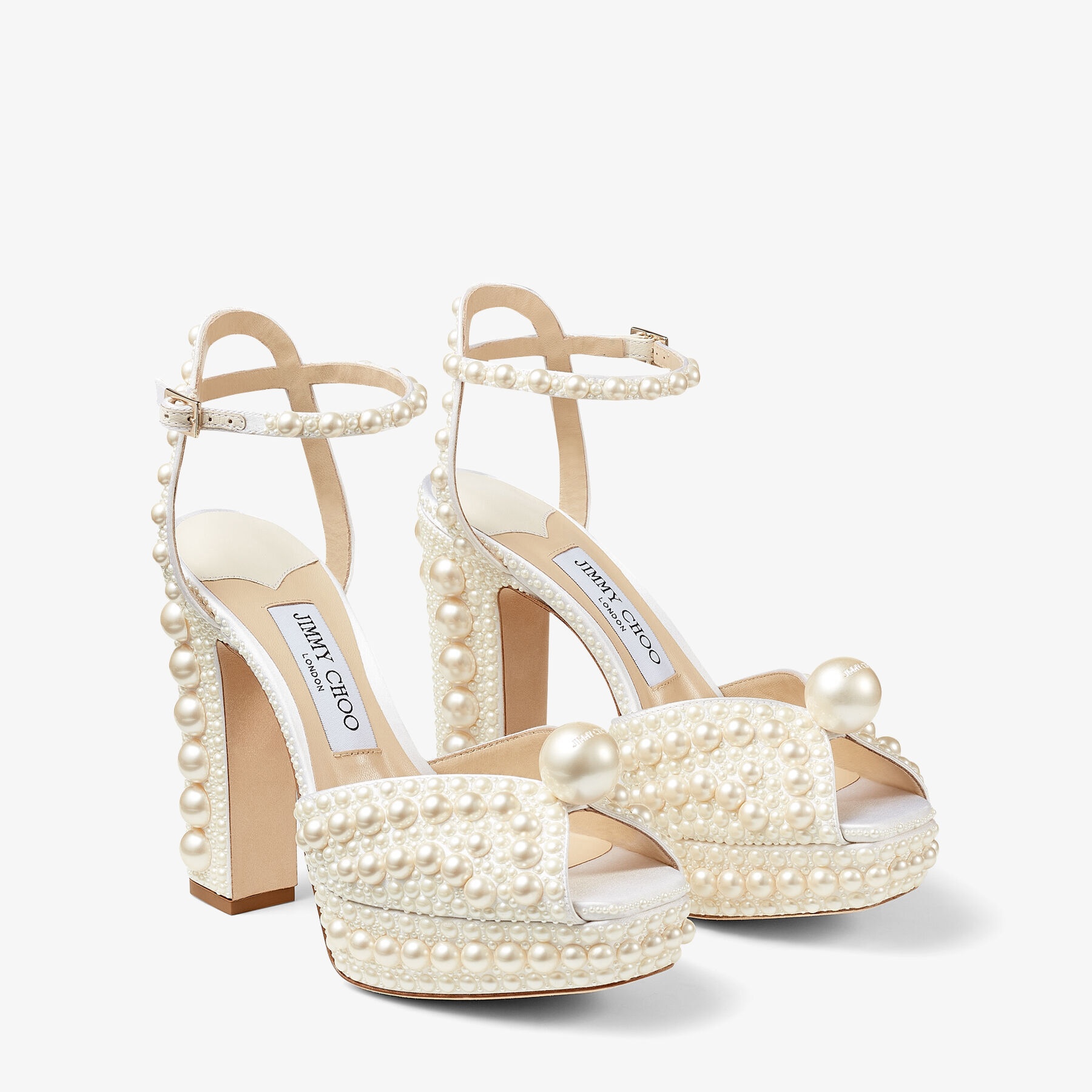 JIMMY CHOO Sacaria/PF 120 White Satin Platform Sandals with All-Over ...