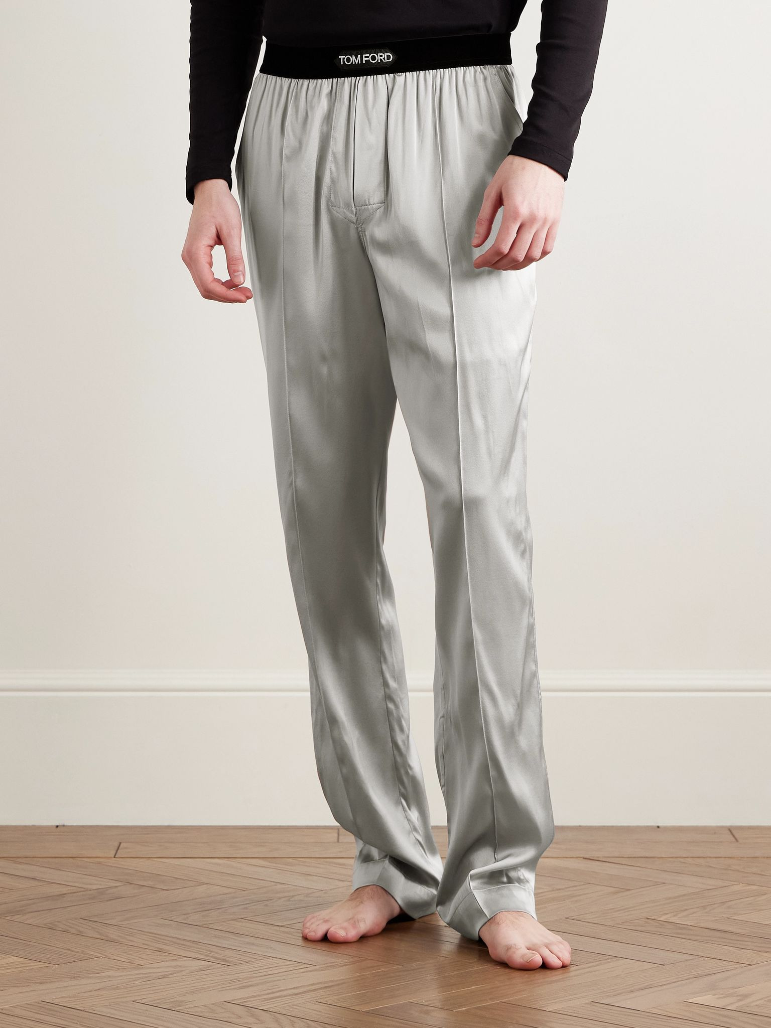 Velvet-Trimmed Stretch-Silk Satin Pyjama Trousers Gray - 3