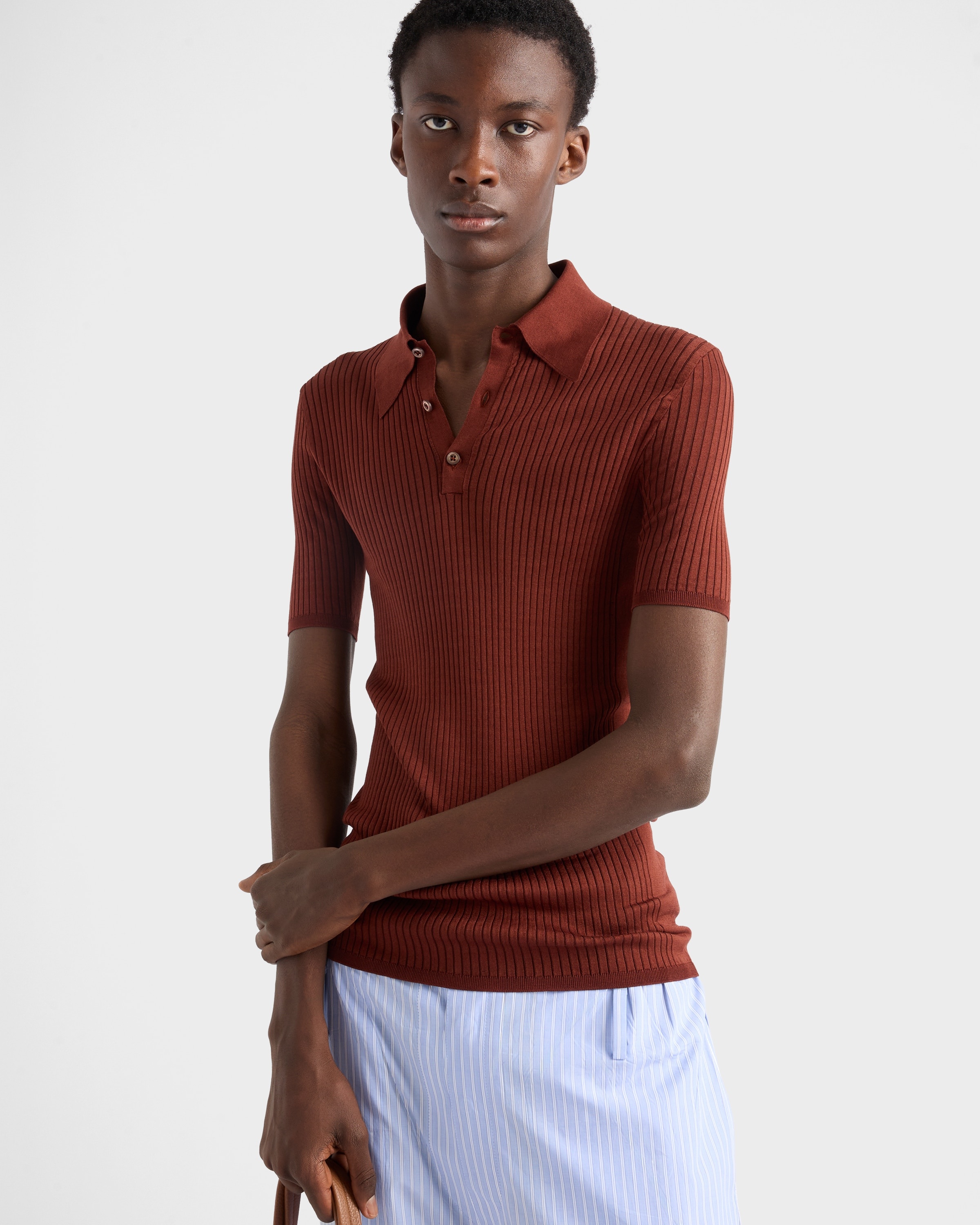Ribbed knit cotton polo shirt - 4