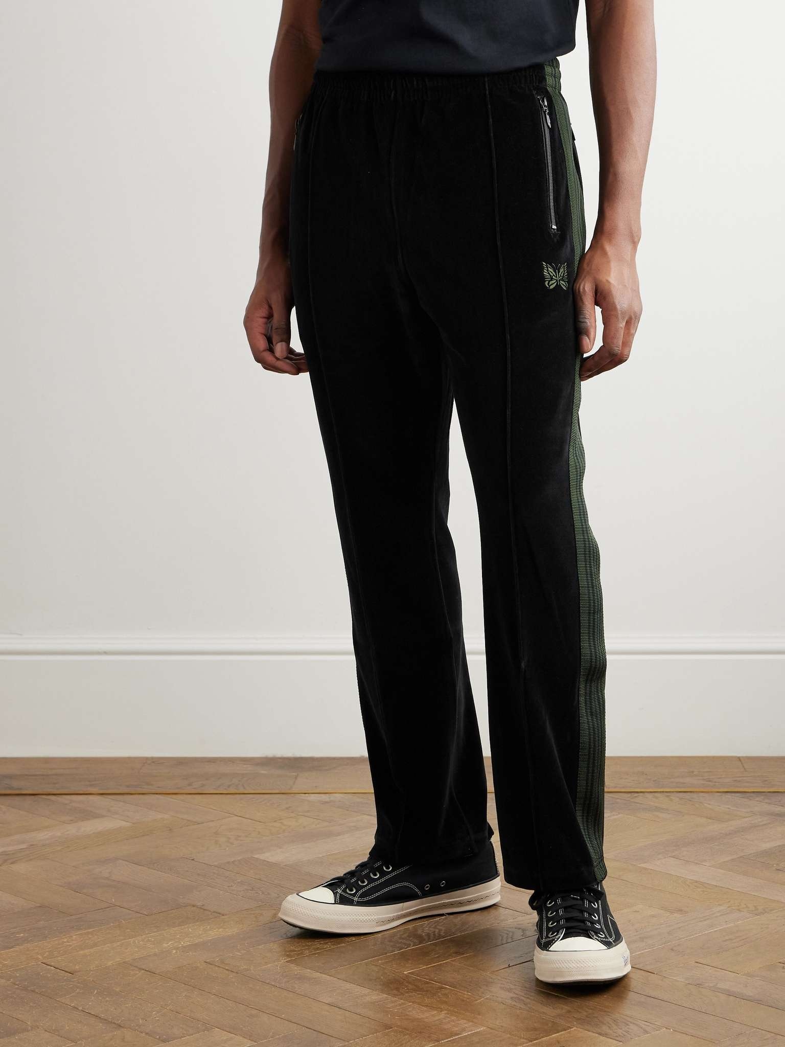 Straight-Leg Webbing-Trimmed Logo-Embroidered Cotton-Blend Velour Track Pants - 4