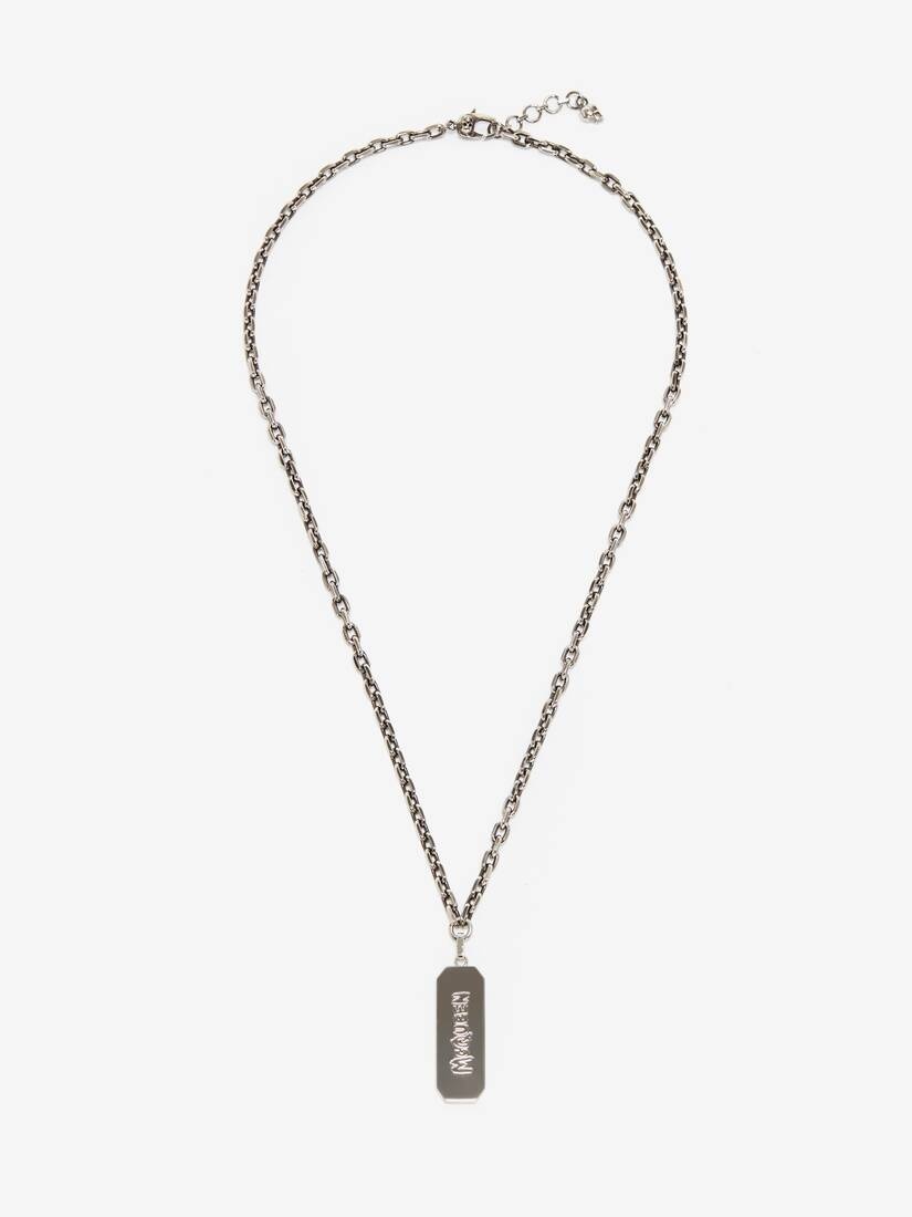 Men's McQueen Graffiti Tag Necklace in Antique Silver - 1