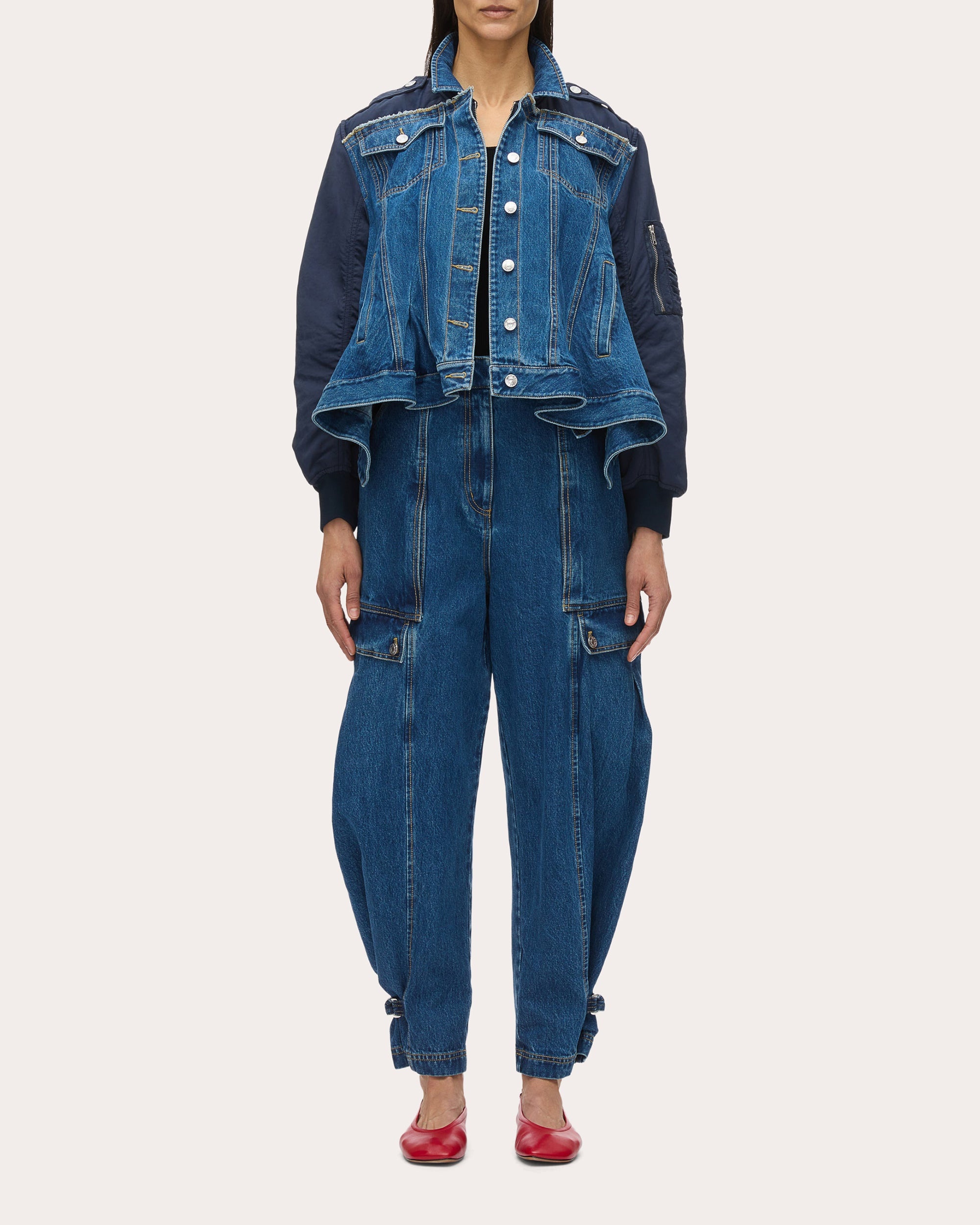 Ruffle-Hem Paneled Denim Flight Jacket - 5