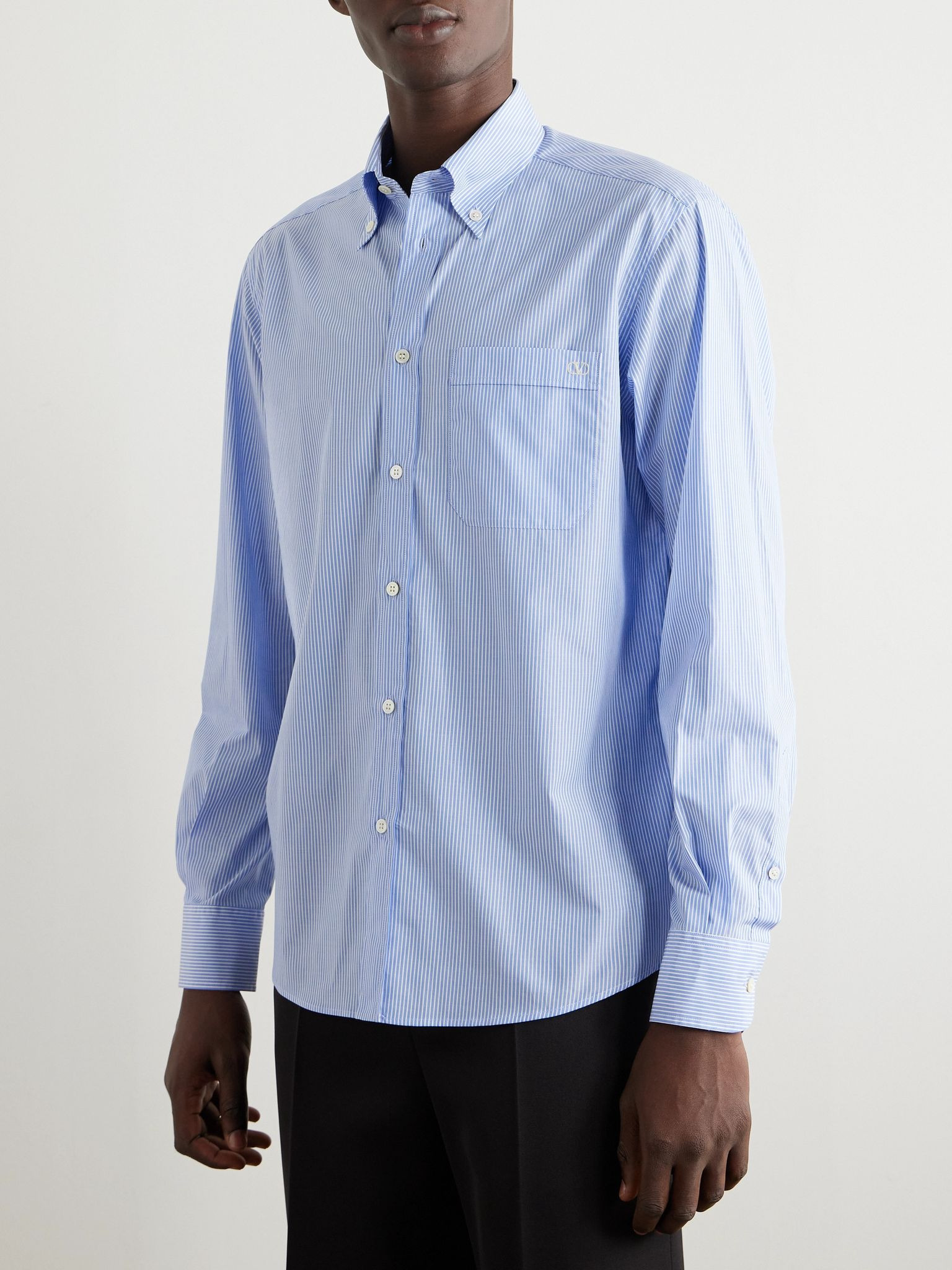 Button-Down Collar Logo-Embroidered Striped Cotton-Poplin Shirt Light blue - 3