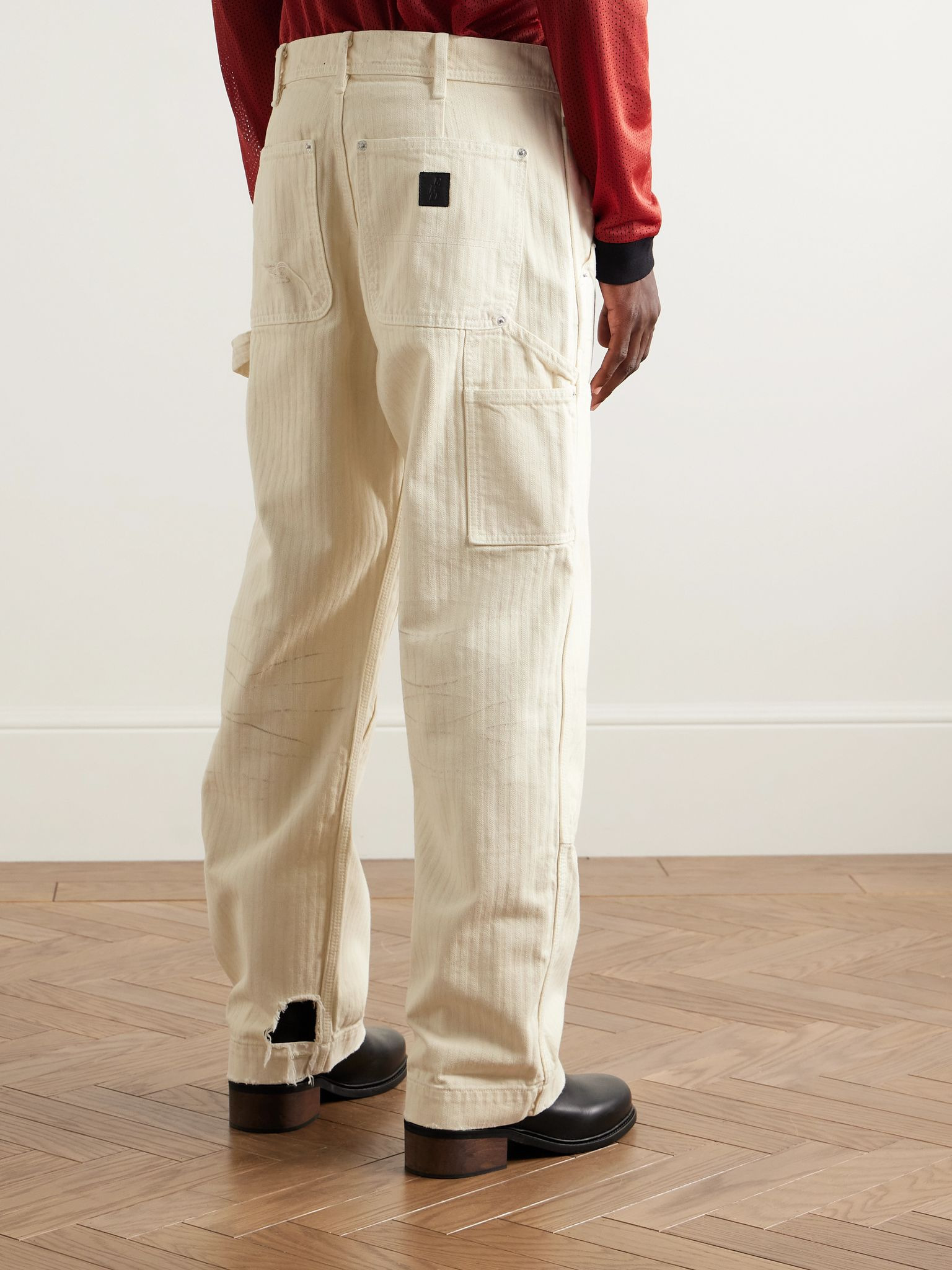 Straight-Leg Distressed Panelled Herringbone Denim Trousers Cream - 4