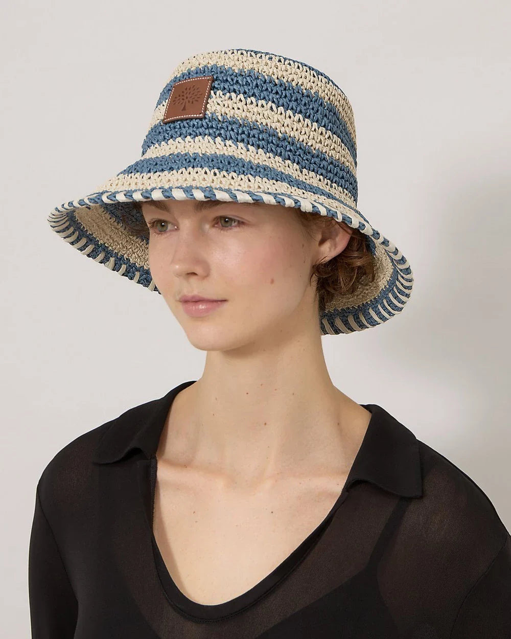 Horizontal Striped Bucket Hat Brighton Blue Paper Raffia - 2