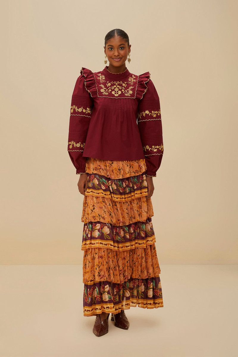 FARM RIO Burgundy Golden Embroidered Organic Cotton Blouse outlook