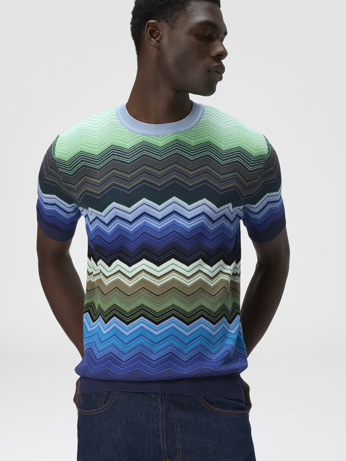 Zig zag cotton knit crewneck T-shirt with contrasting piping - 4