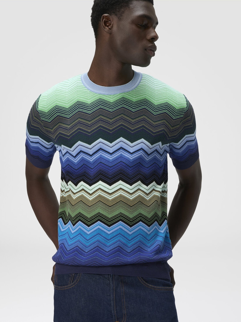 Zig zag cotton knit crewneck T-shirt with contrasting piping 4