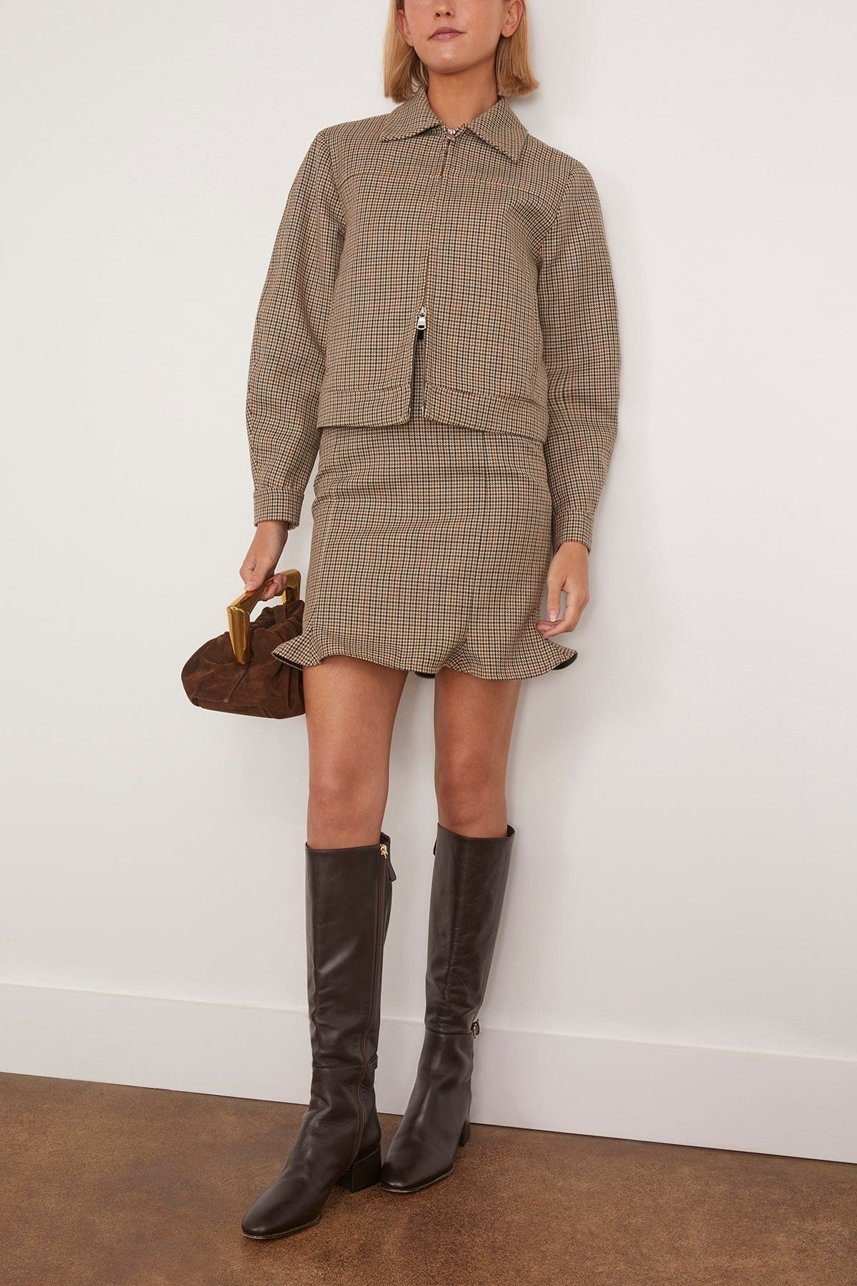 Arista Flared Checked Wool Skirt in Houndstooth Check - 2