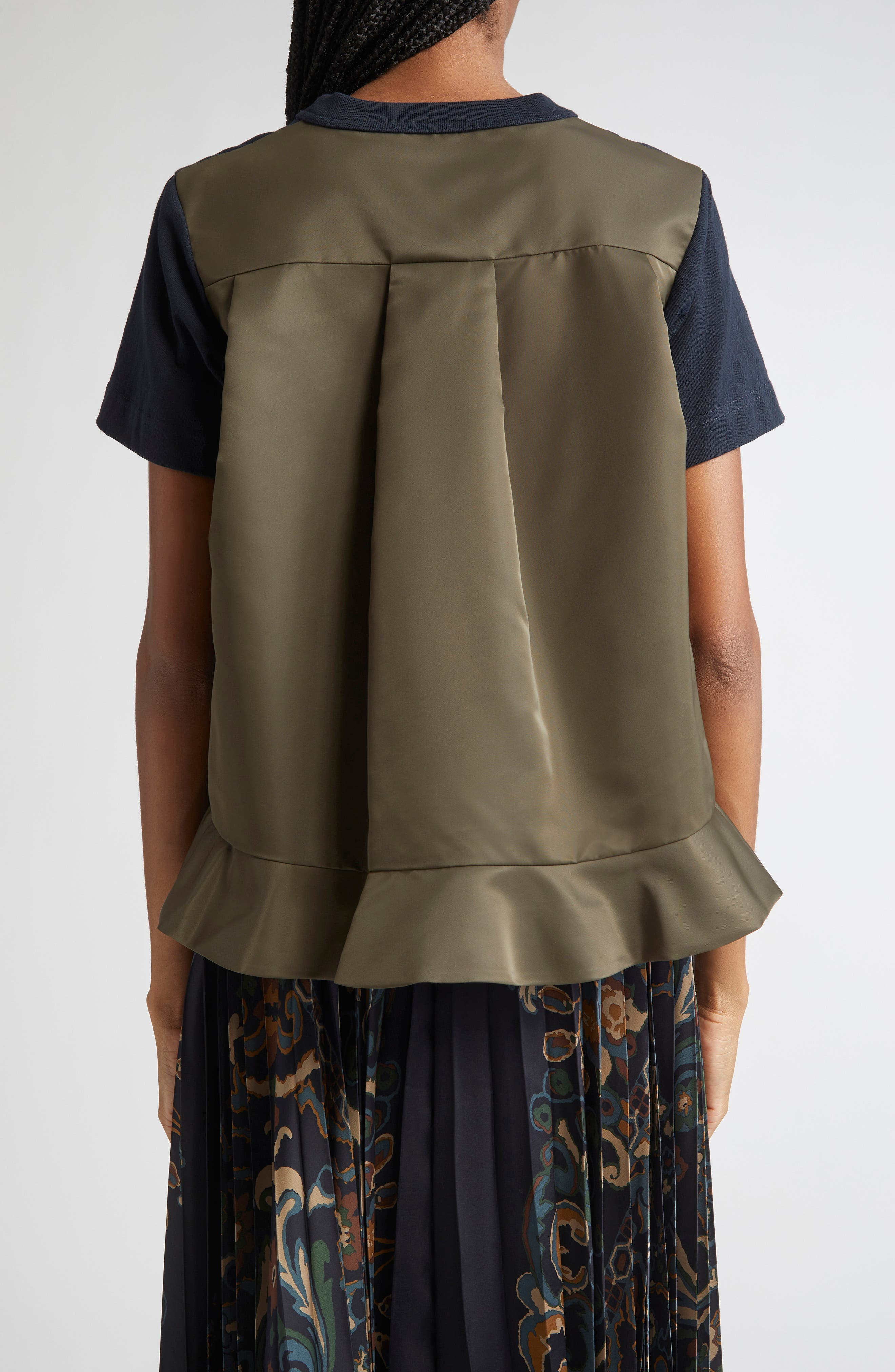 Sacai Mixed Media Nylon Twill & Cotton Jersey Pocket T-Shirt in Navy/Dark Khaki at Nordstrom - 3