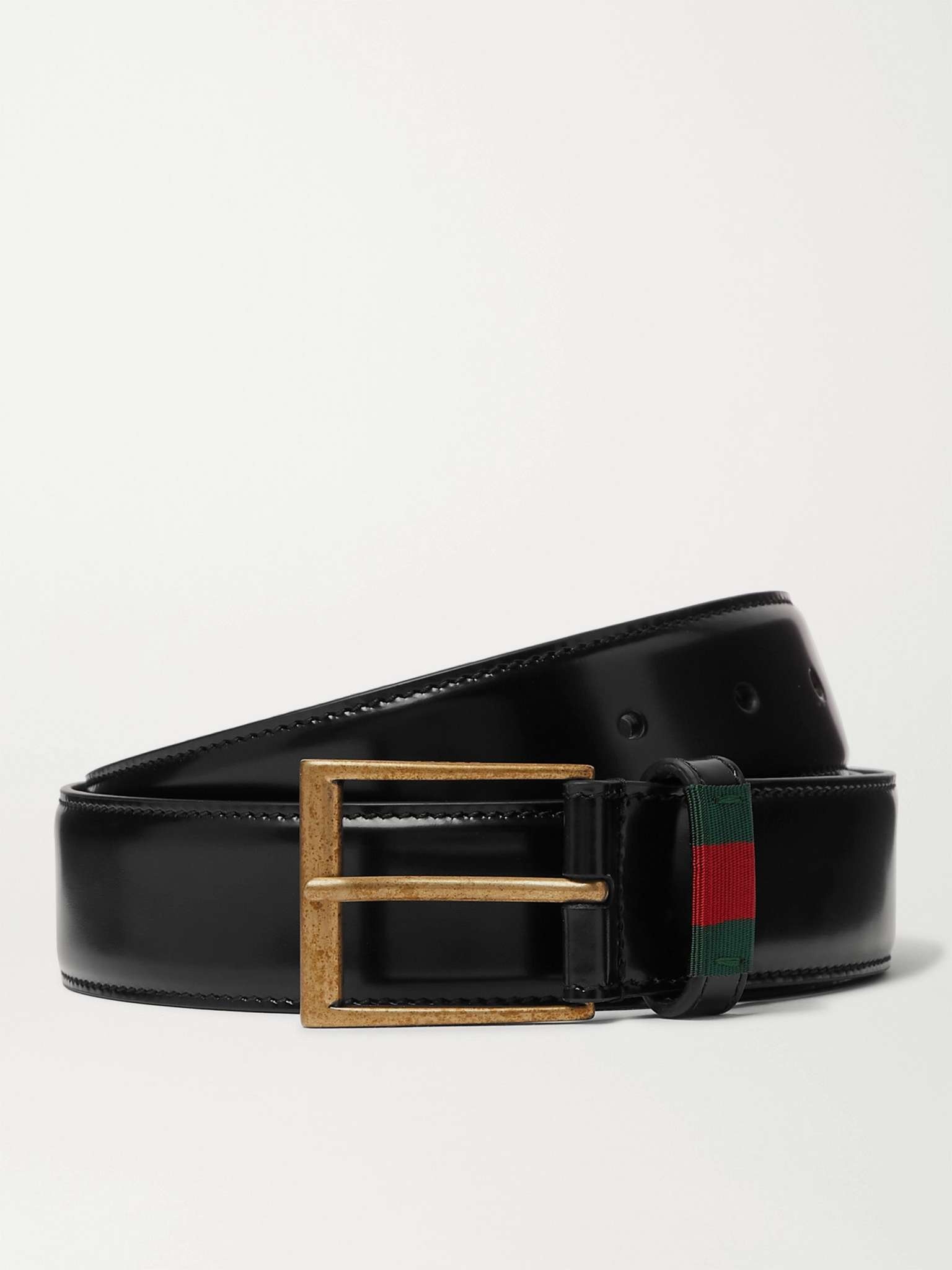 3.5cm Webbing-Trimmed Polished-Leather Belt - 1