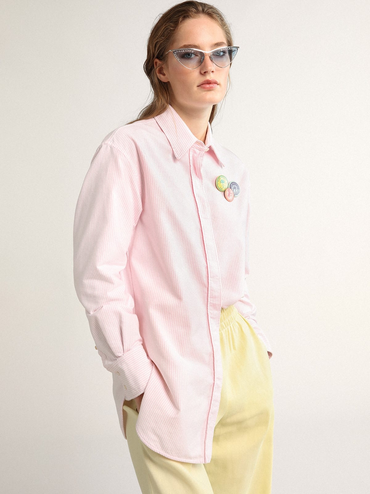 Oversized Journey Collection shirt with pink and white vertical stripes and pins - 3