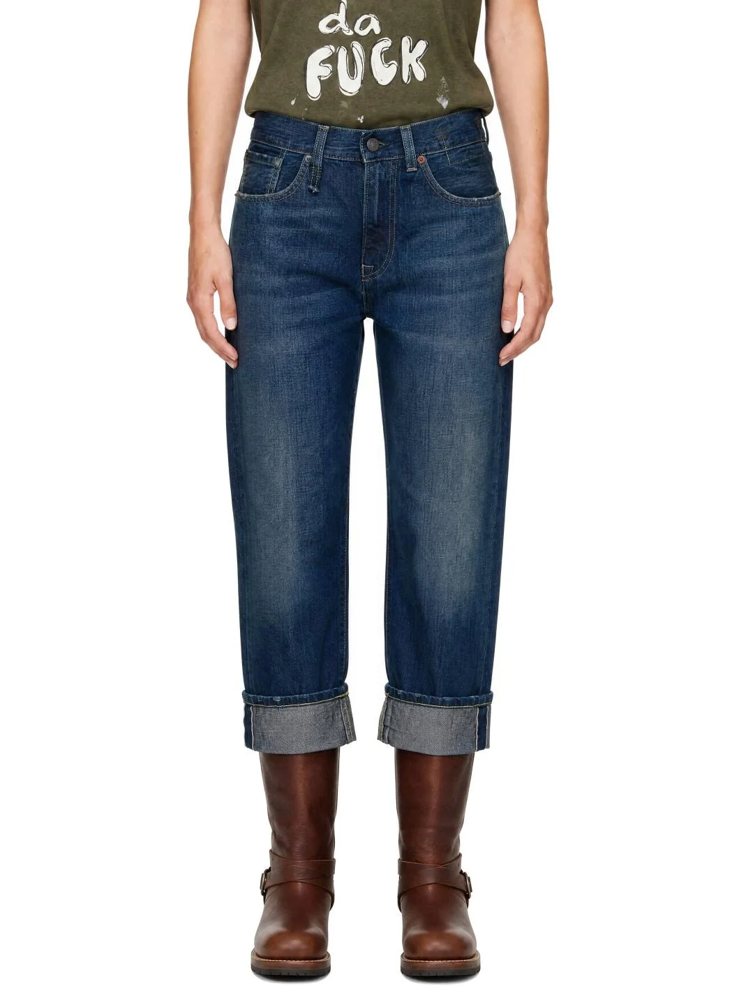 Blue Cuffed Boyfriend Jeans - 1