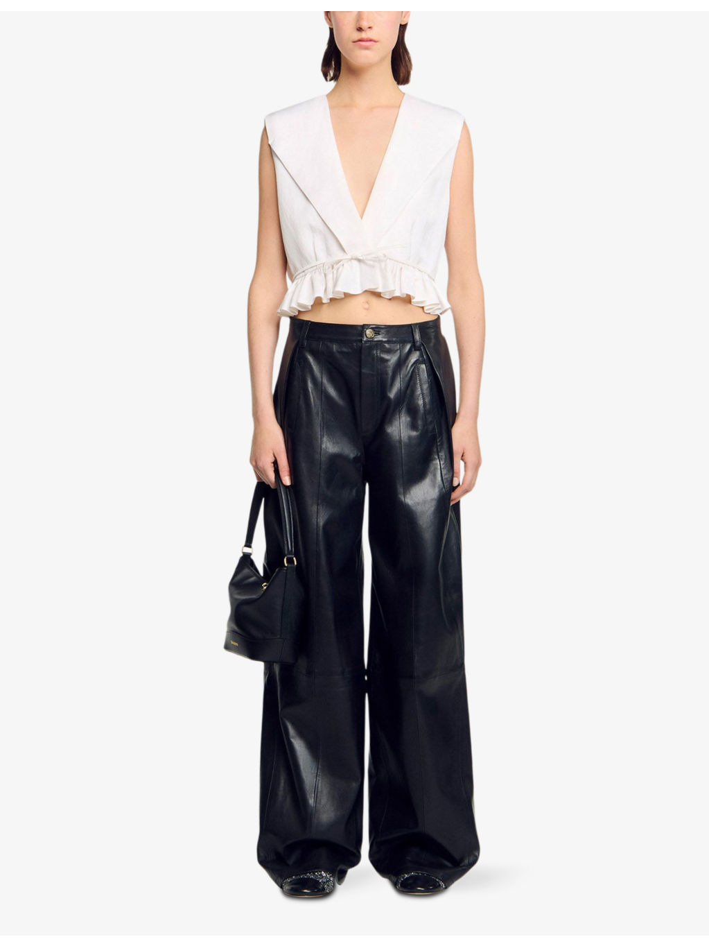 V-Neck Ruffle-Hem Cropped Linen-Blend Top - 2