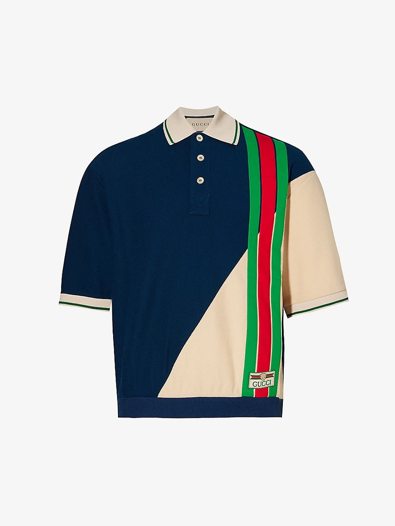 Logo-patch striped wool and cotton-blend polo shirt 1