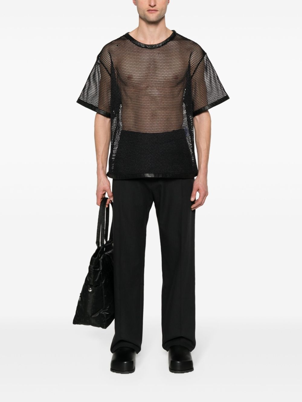 perforated leather-trim T-shirt - 2