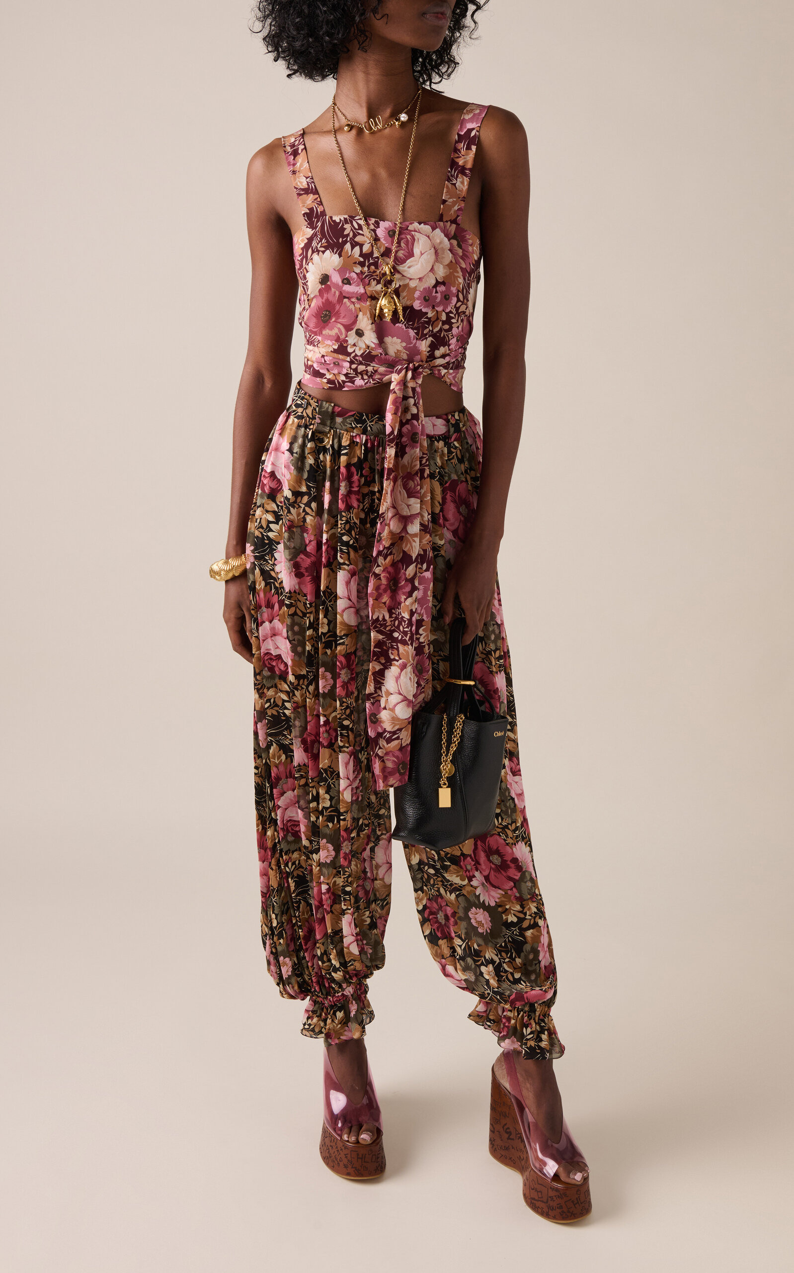 Tie-Detailed Organic Silk Crepe De Chine Crop Top multi - 3
