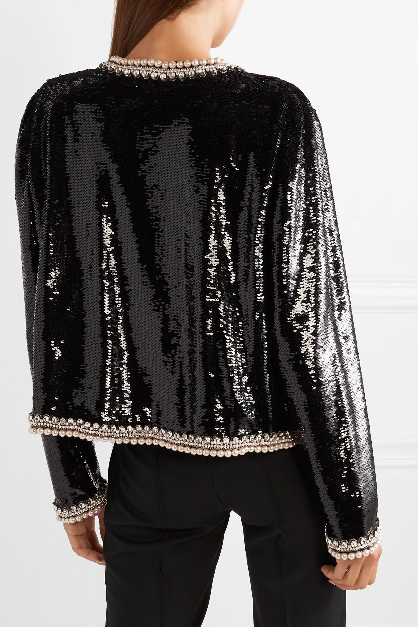 Faux pearl and crystal-trimmed sequined crepe jacket  - 4