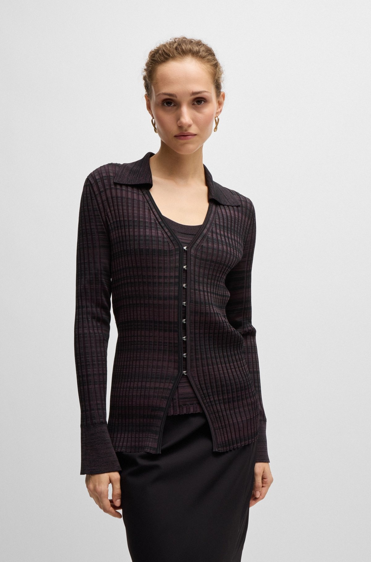V-NECK CARDIGAN IN RIBBED STRETCH FABRIC WITH COLLAR - 2