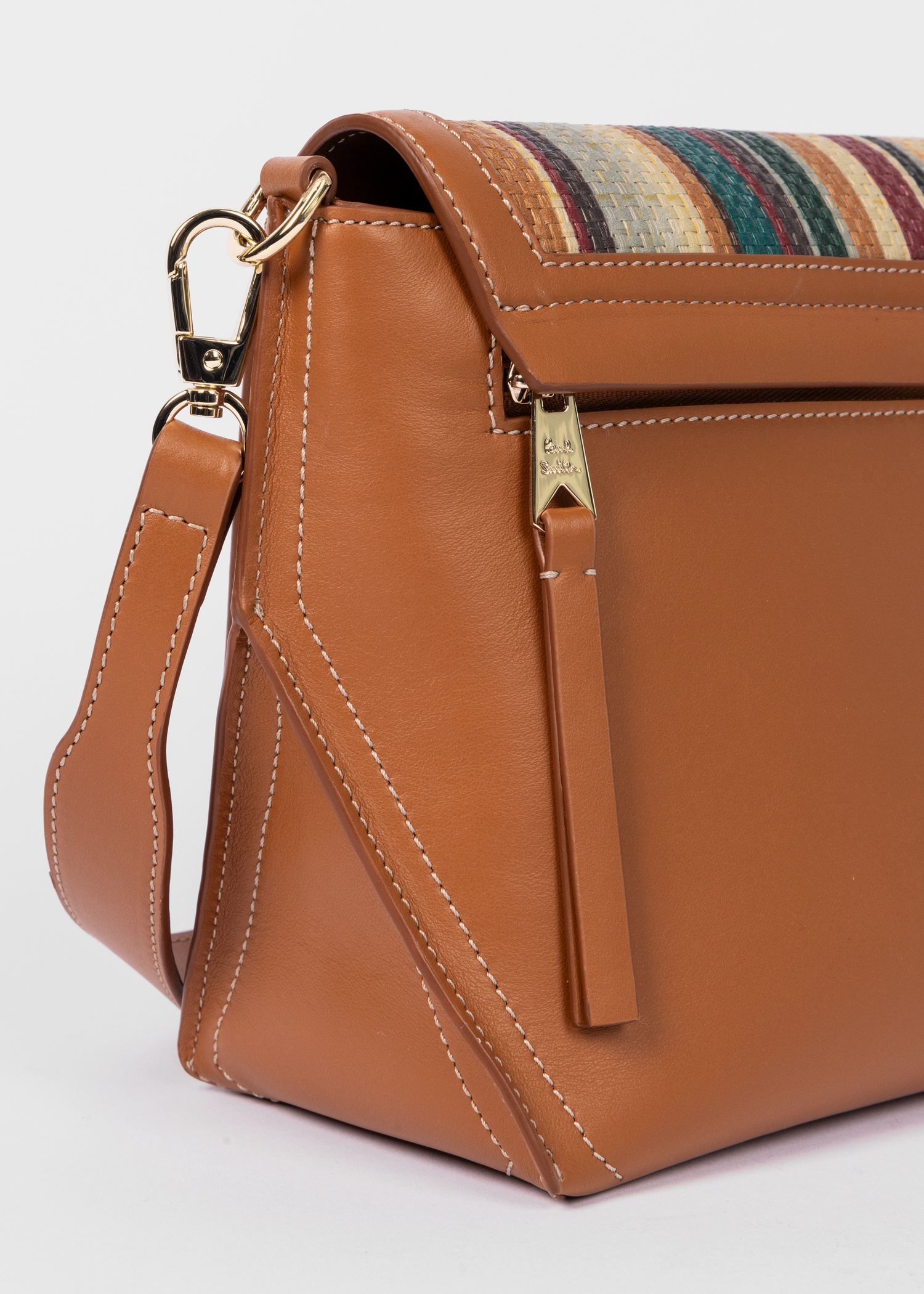 Women's Tan Leather 'Signature Stripe' Raffia Cross-Body Bag - 5