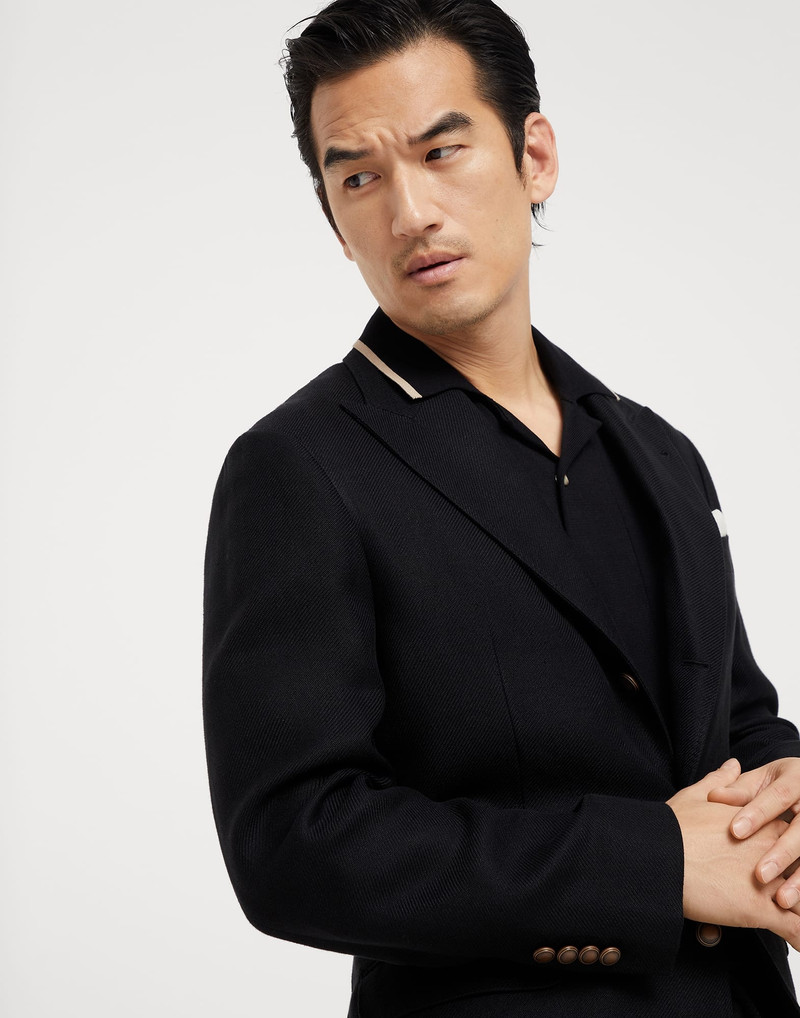 Linen, wool and silk diagonal deconstructed blazer with large peak lapels and metal buttons 3