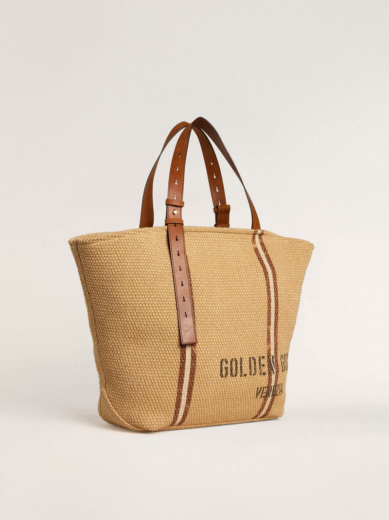 Golden Goose 24.7 tote bag in natural raffia and brown leather with gold metallic details outlook