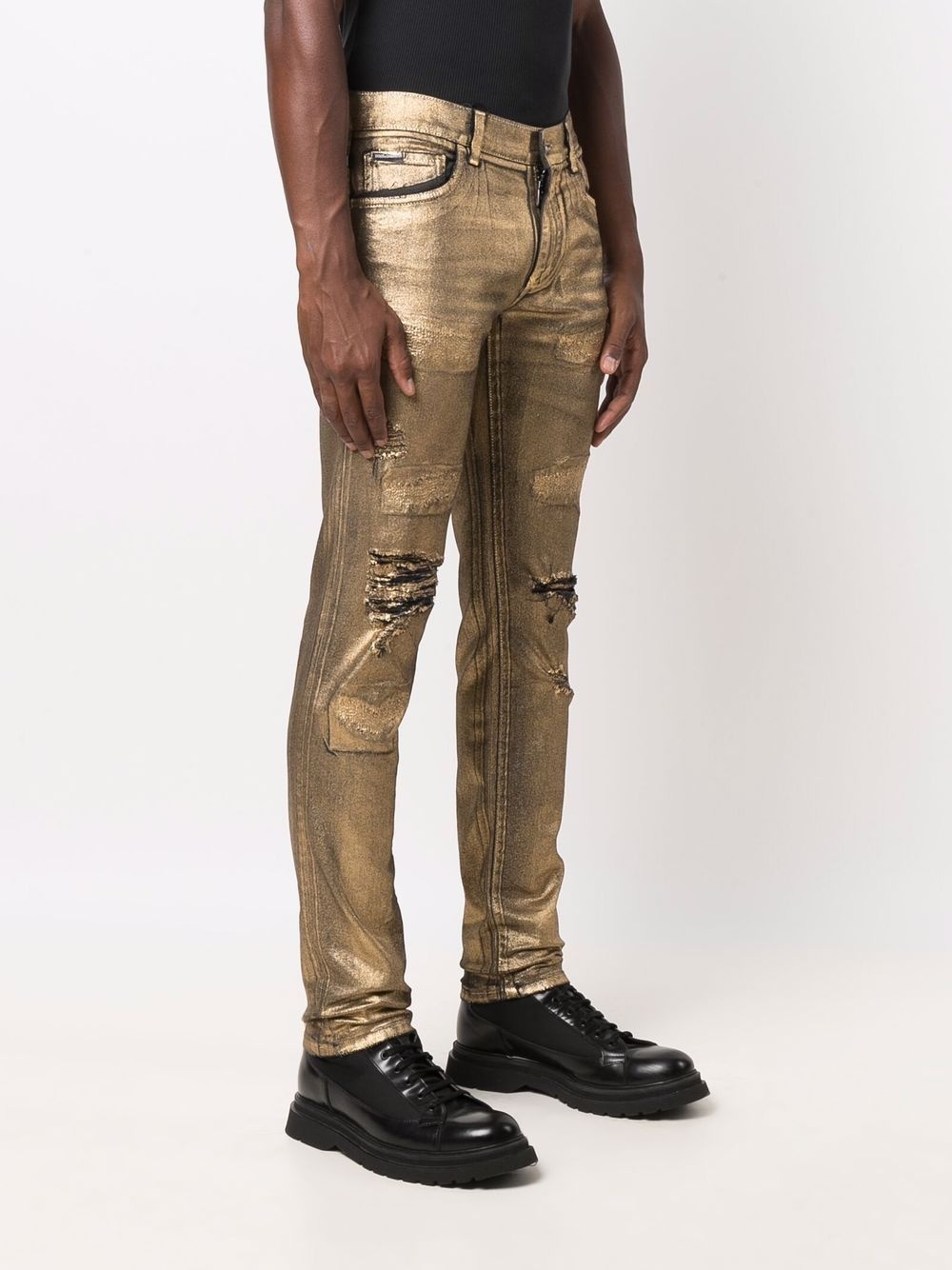 metallic-finish distressed trousers - 3