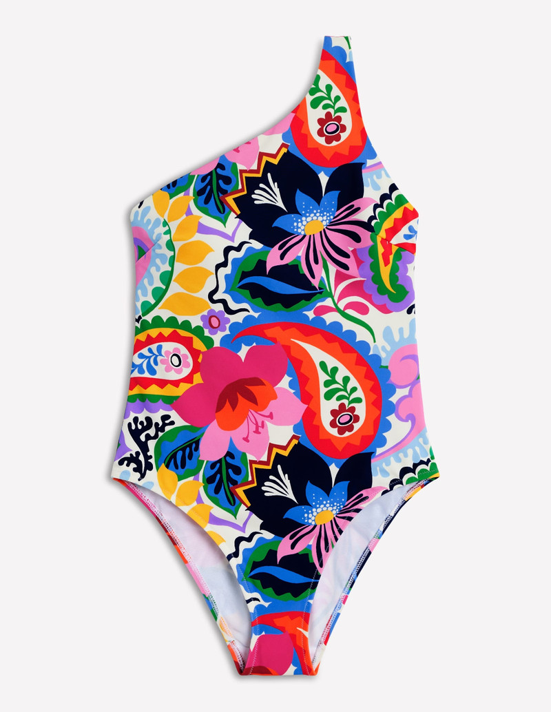 One Shoulder Swimsuit-Ivory, Botanical Paisley 6