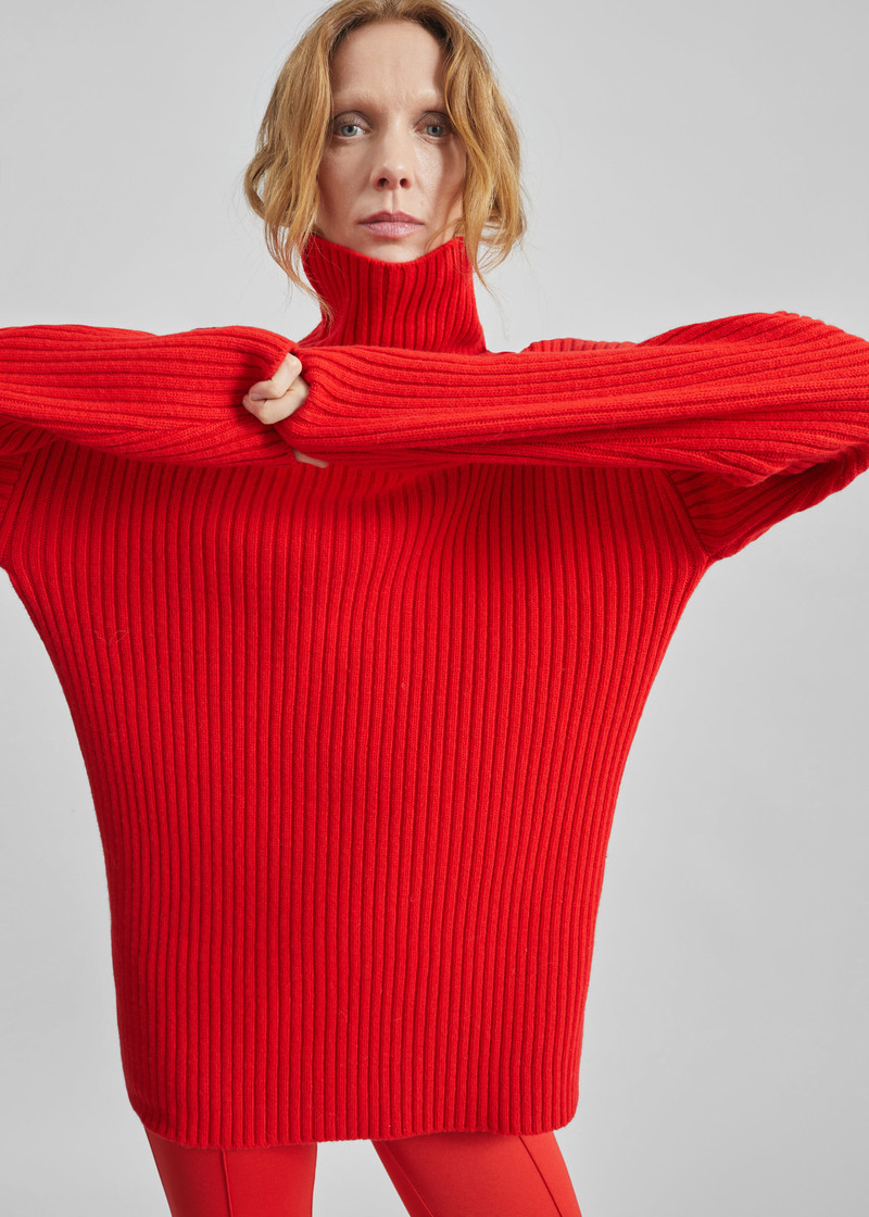 Thelma Ribbed Sweater Dress - Red 4