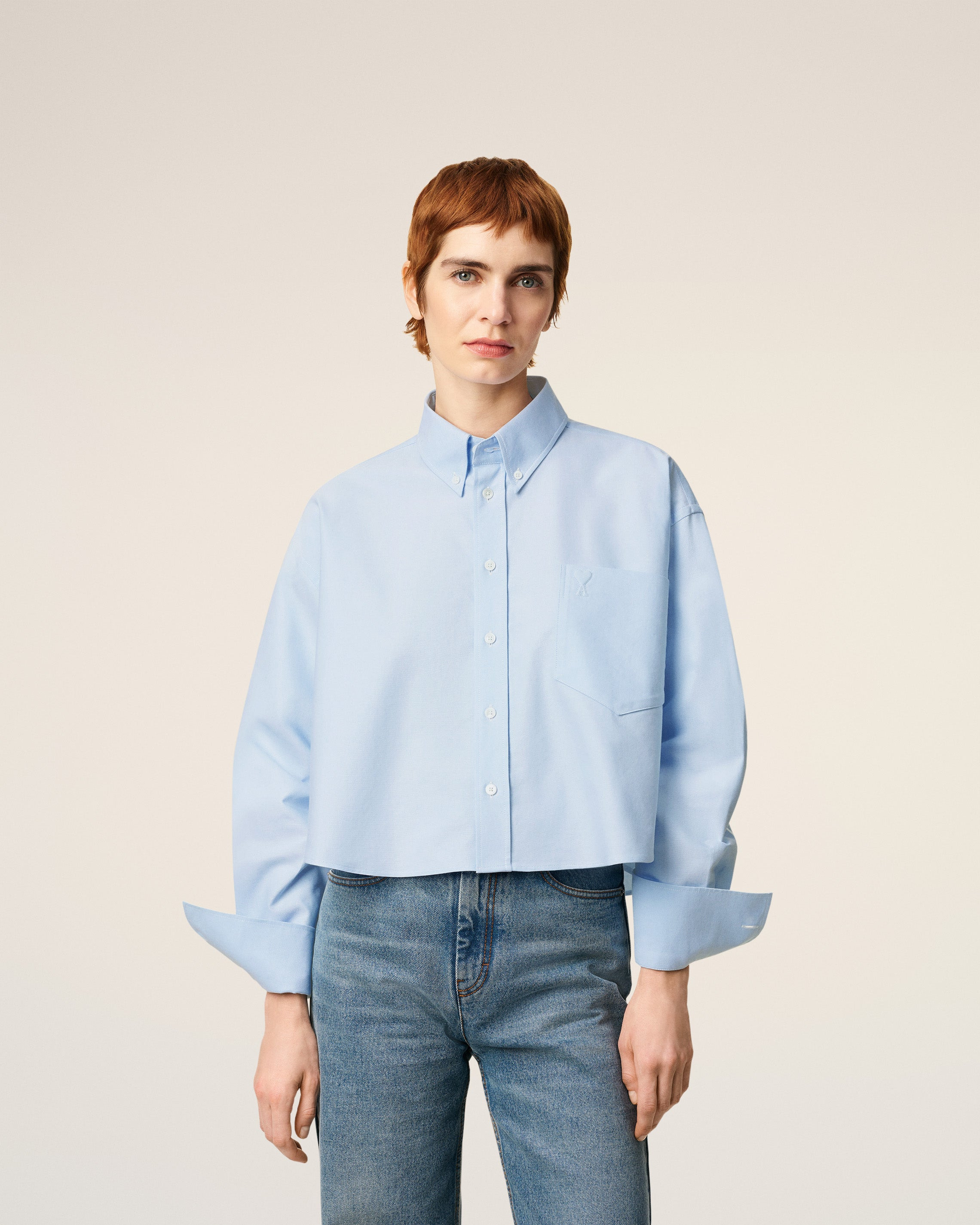 BLUE COTTON AMI DE COEUR CROPPED OVERSIZED SHIRT - 3