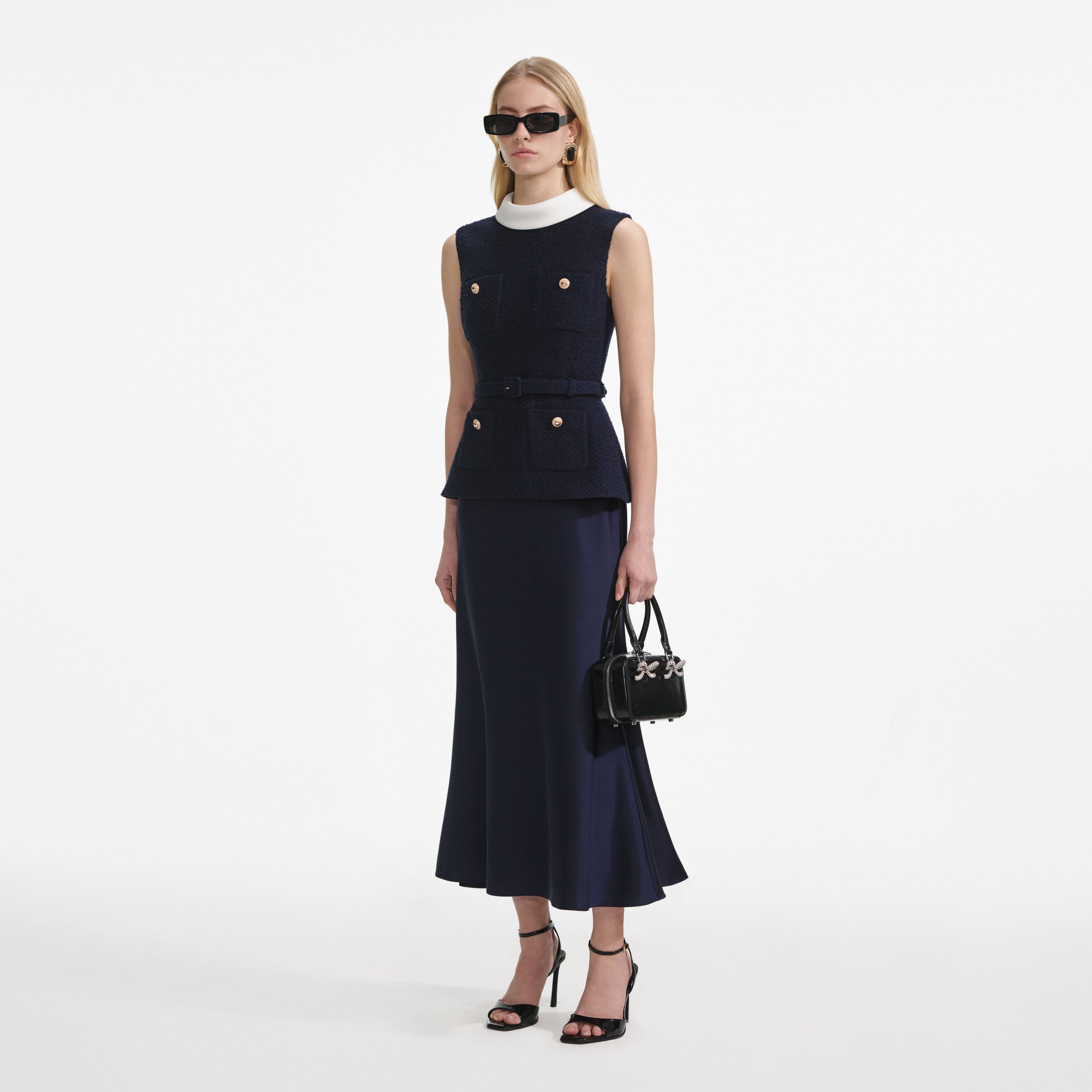 Navy Boucle Sleeveless Midi Dress - 2