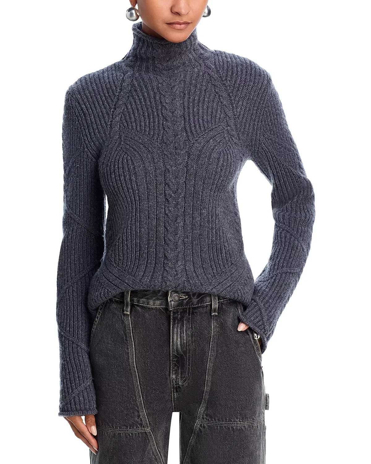 Wool Blend Cable Knit Turtleneck Sweater - 1