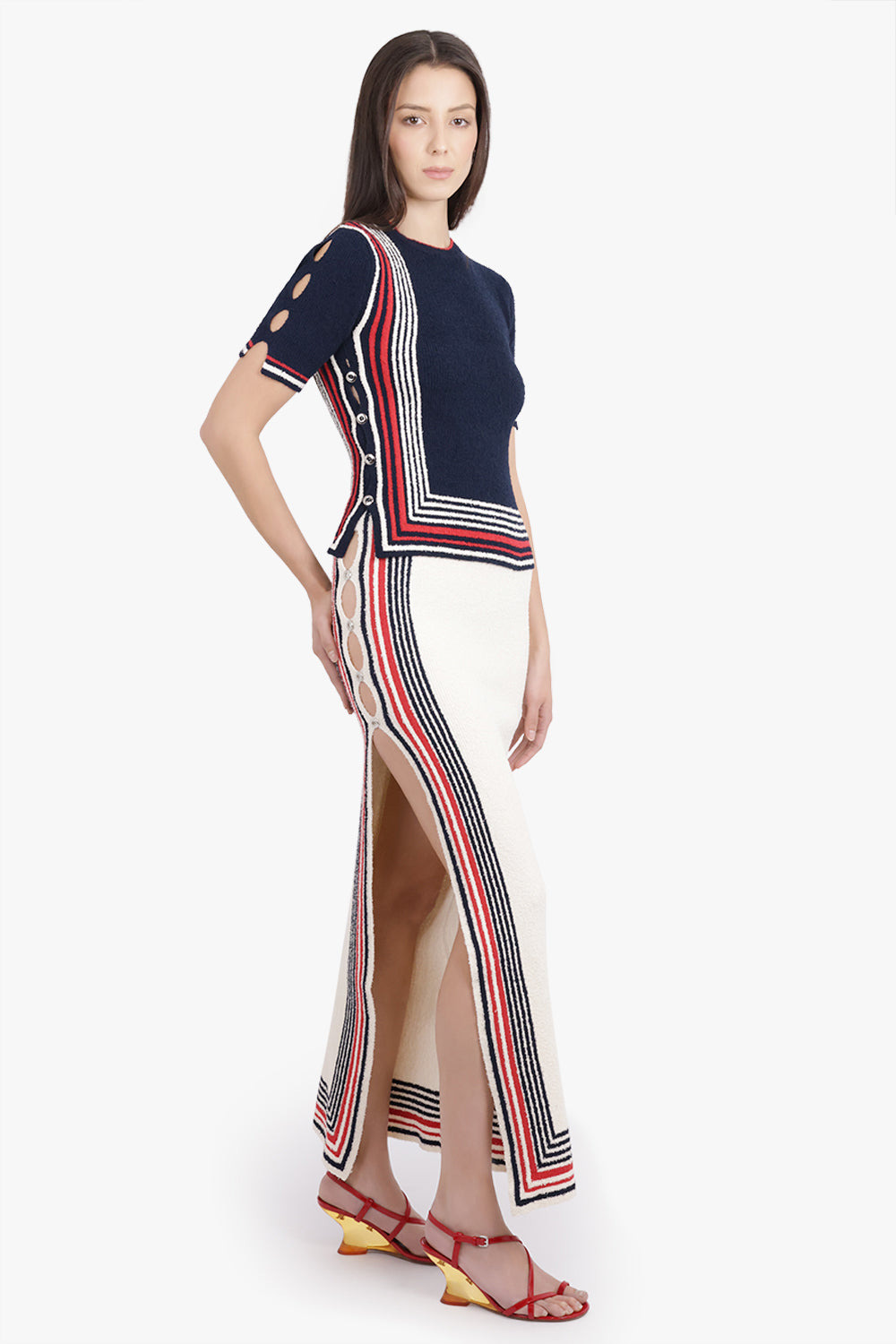 BOUCLE STRIPE CUT-OUT MAXI KNIT SKIRT | CREAM/NAVY/RED - 6