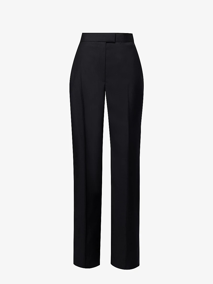 Pressed-crease buttoned-pocket regular-fit straight-leg wool trousers - 1