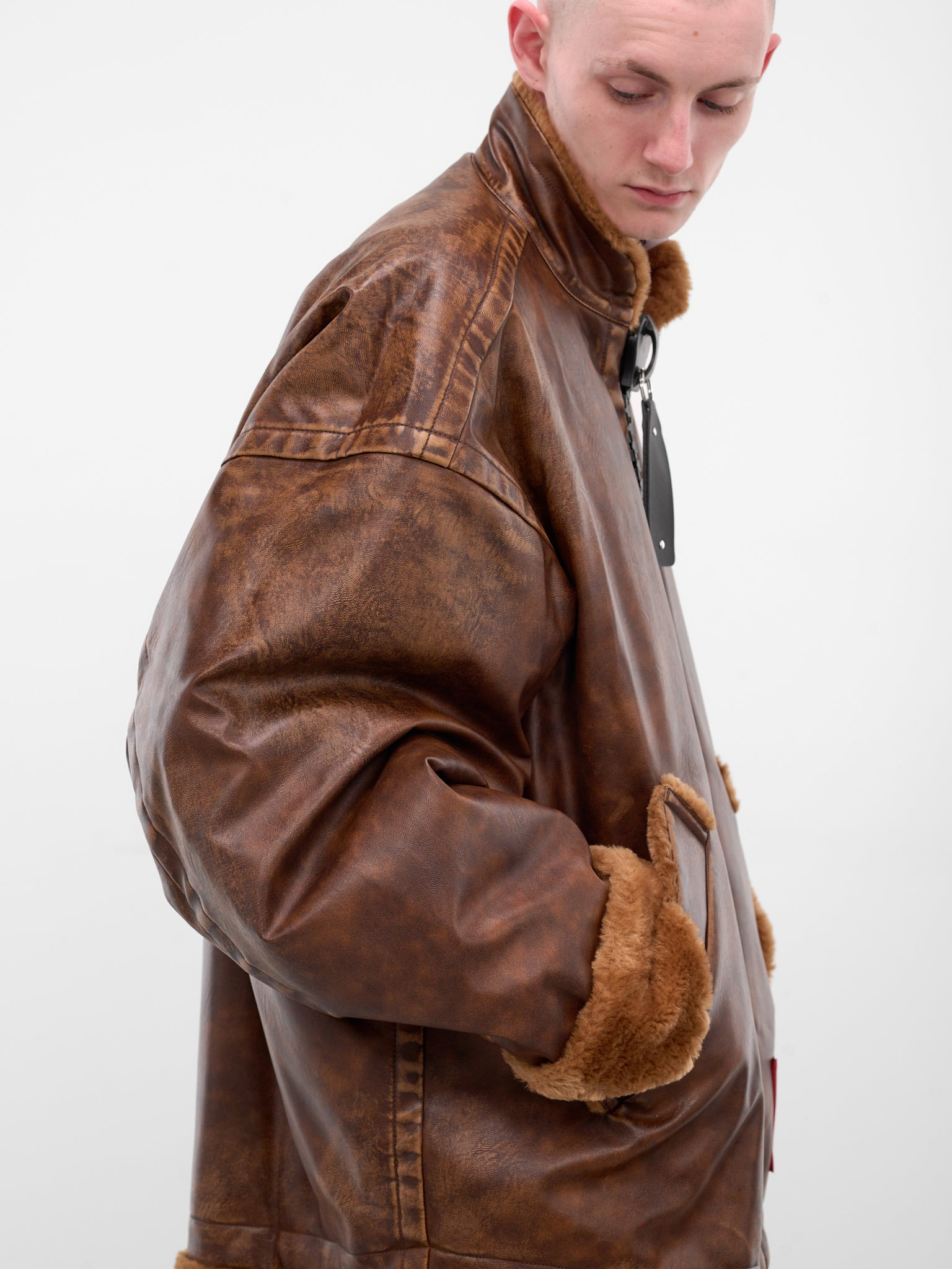 Brown Oversized Leather Shearling Jacket - 4