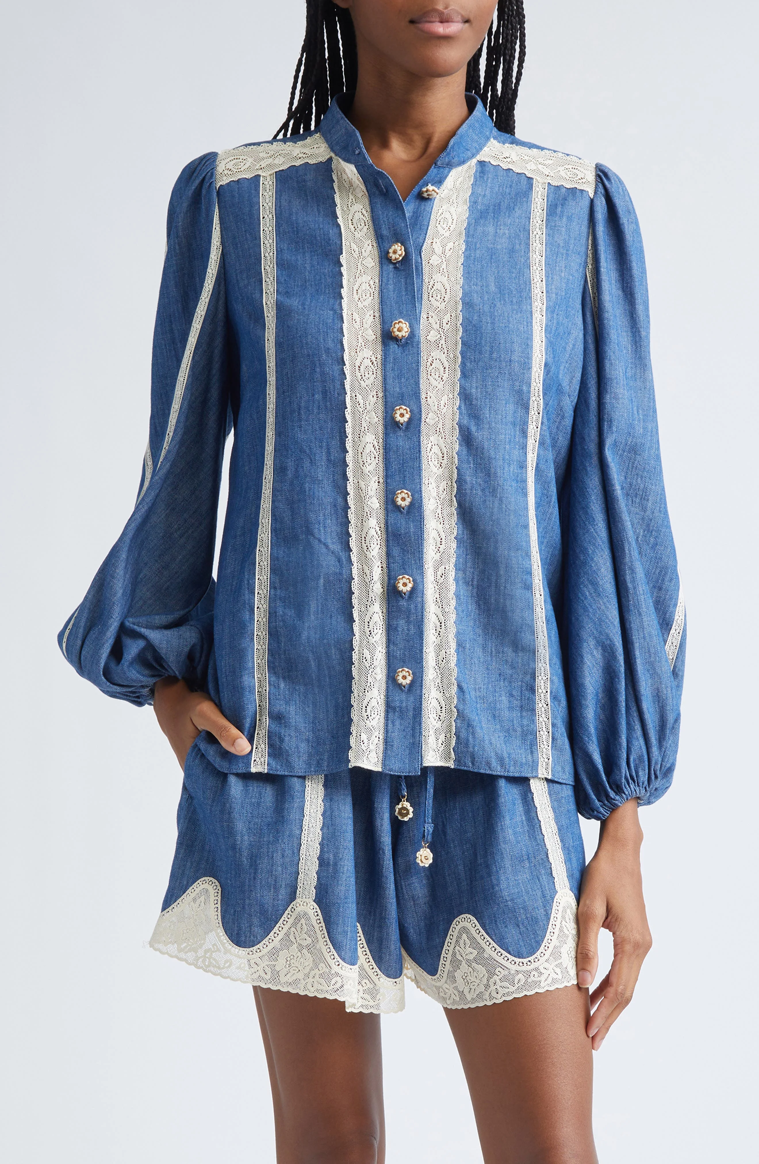 Zimmermann Awaken Lace Trim Denim Shirt in Railway Blue at Nordstrom - 1