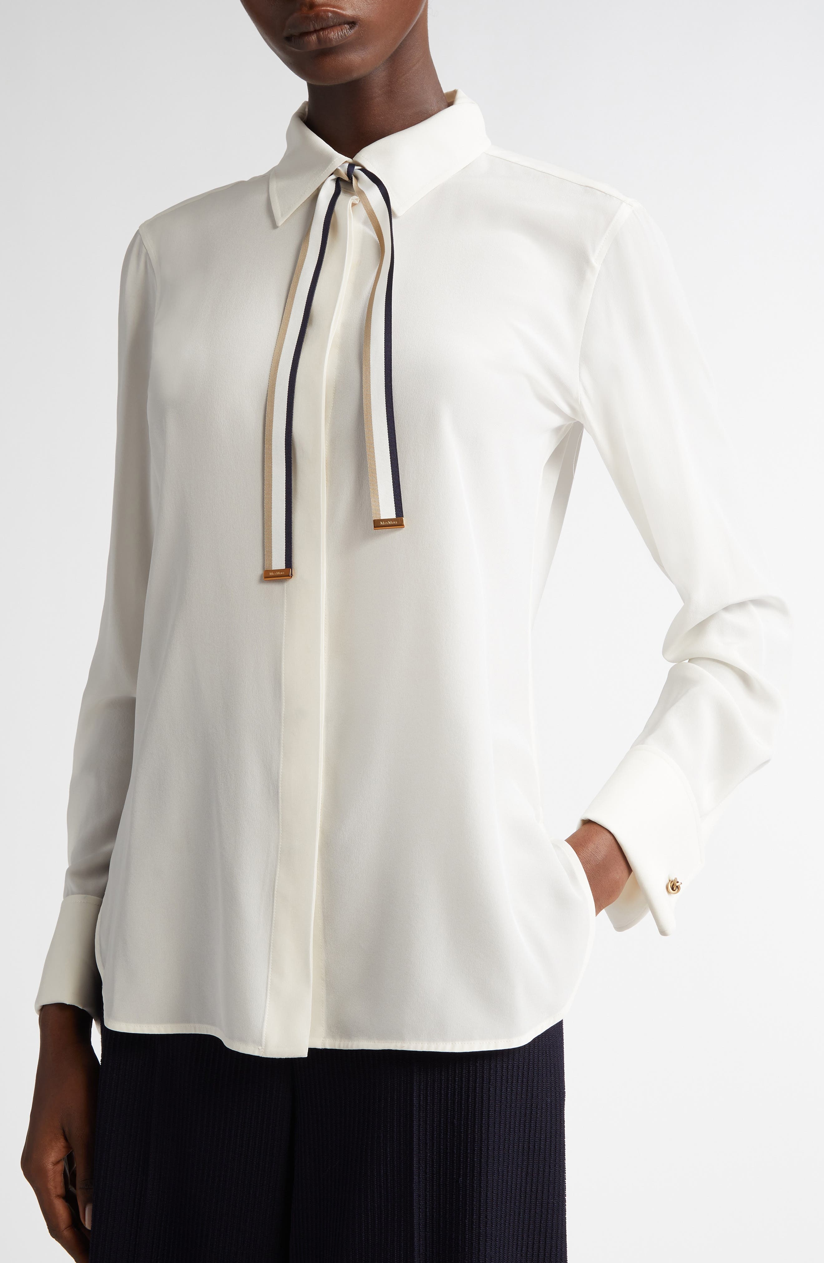 Max Mara Apollo Silk Crêpe de Chine Button-Up Shirt with Neck Ties at Nordstrom - 5