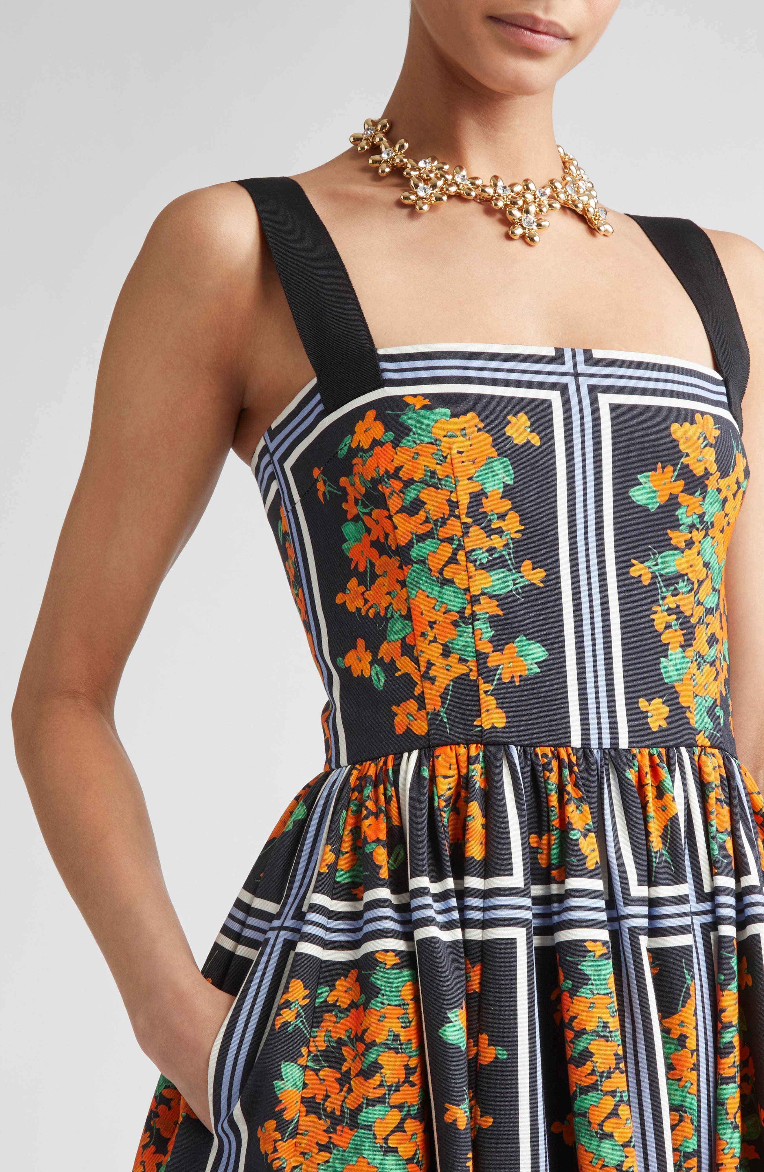 Carolina Herrera Thick Strap Faille Midi Dress in Black Multi at Nordstrom - 4