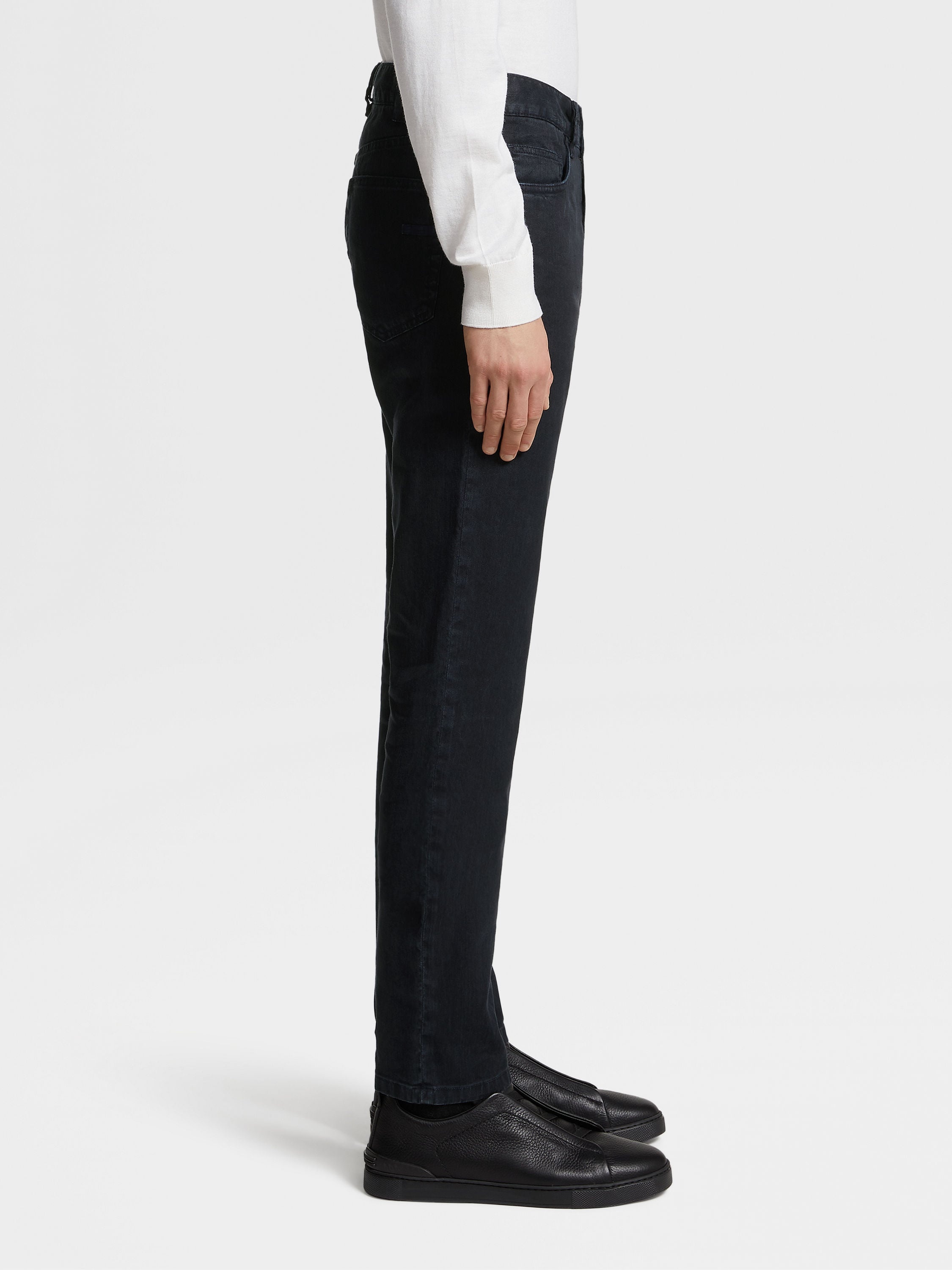 NAVY BLUE STRETCH LINEN AND COTTON JEANS - 4