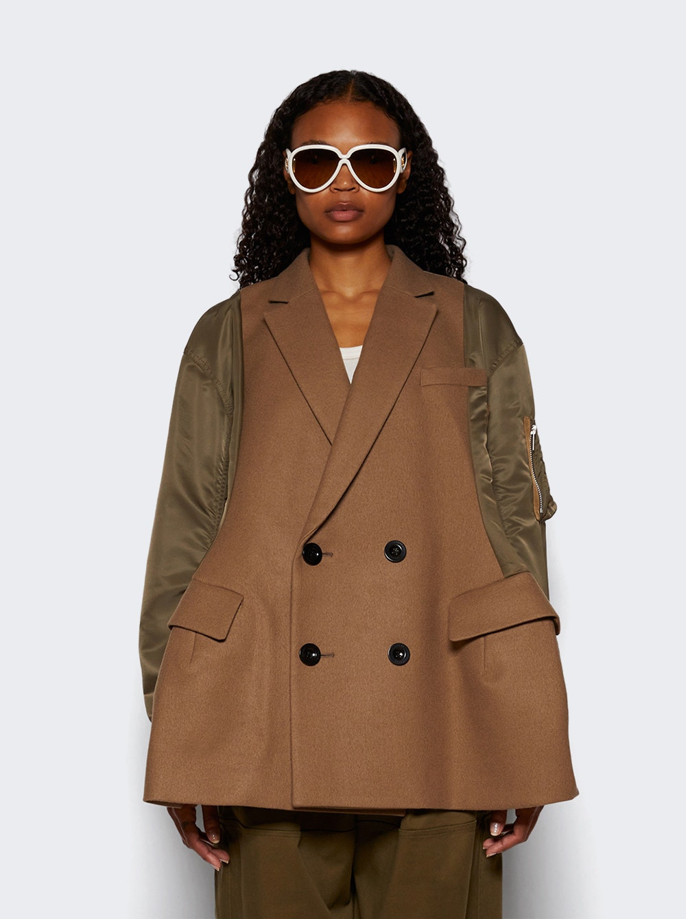 Wool Melton X Nylon Twill Quilted Coat Khaki - 3