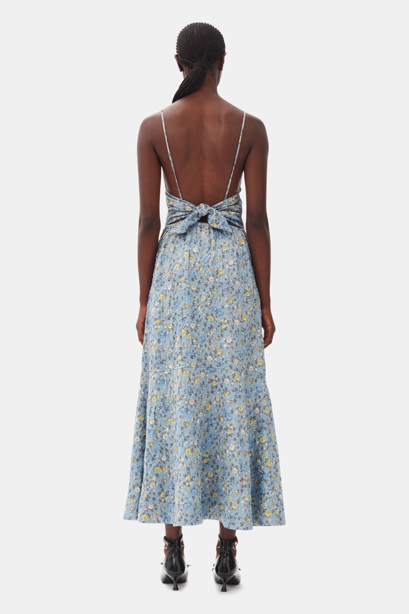 BLUE FLORAL CRINKLED SATIN LONG DRESS - 5