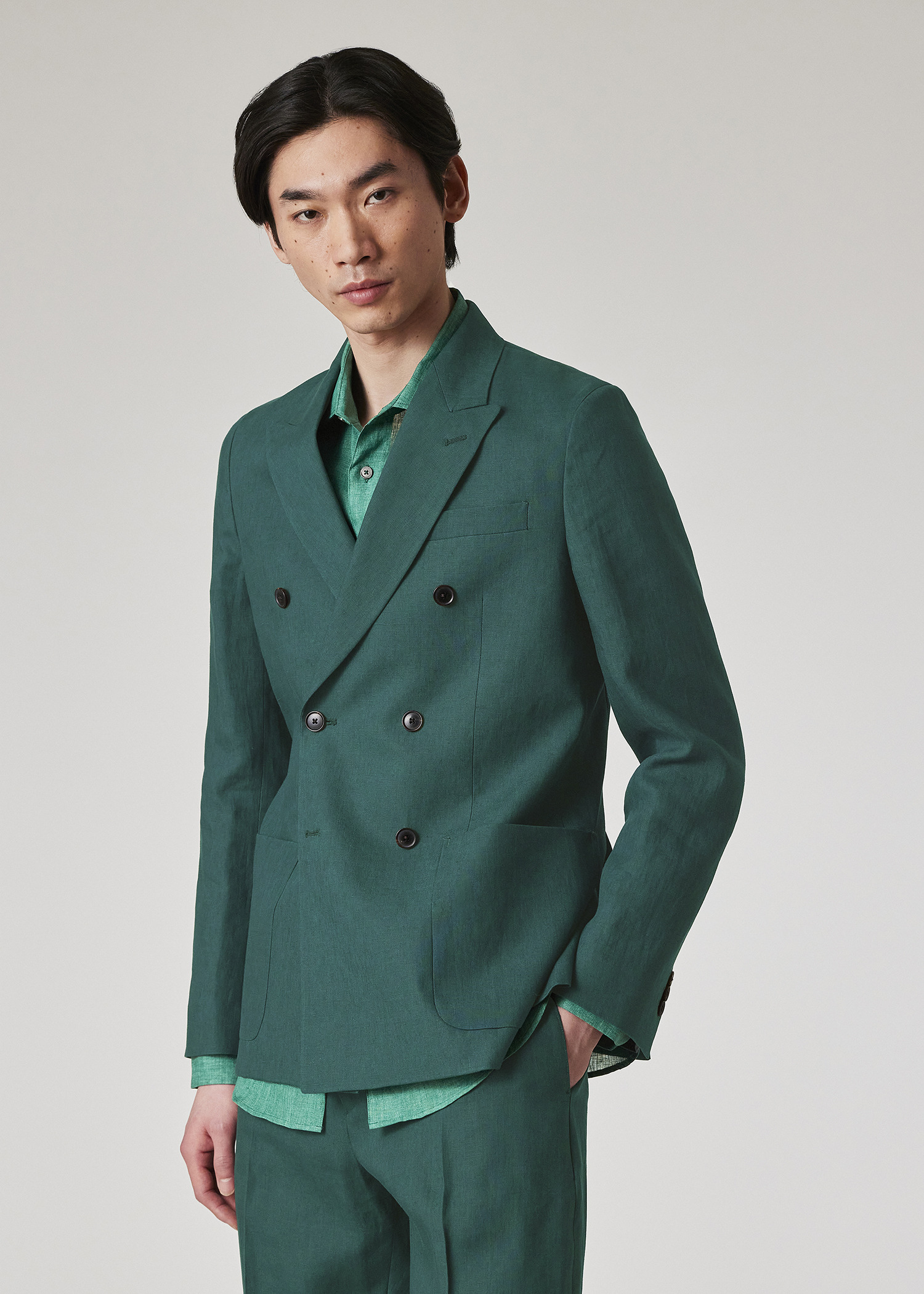 Dark Green Linen Double Breasted Blazer - 6