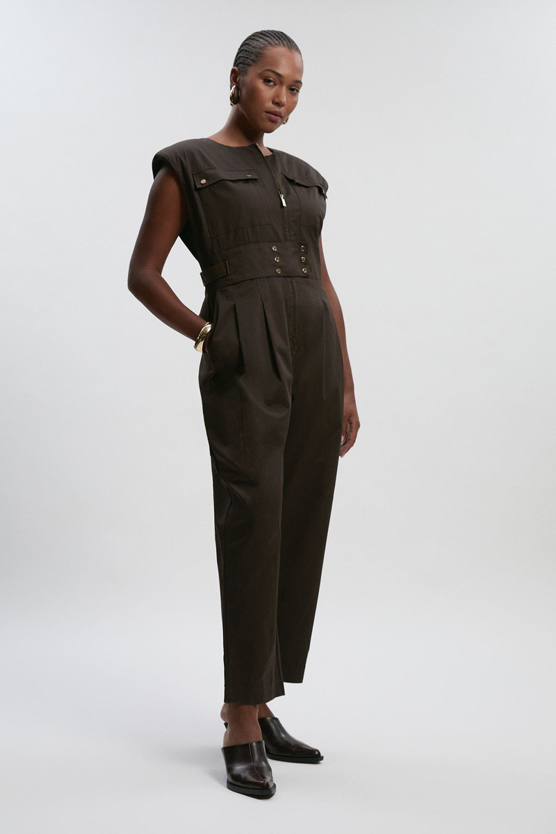 Plus Size Cotton & Faux Leather Tab Utility Jumpsuit 1
