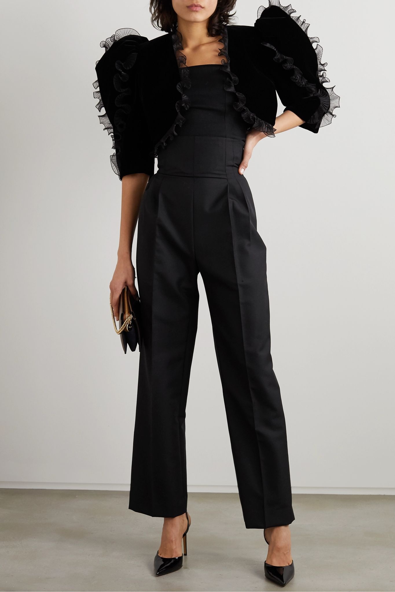 Cropped ruffled plissé organza-trimmed velvet jacket - 2