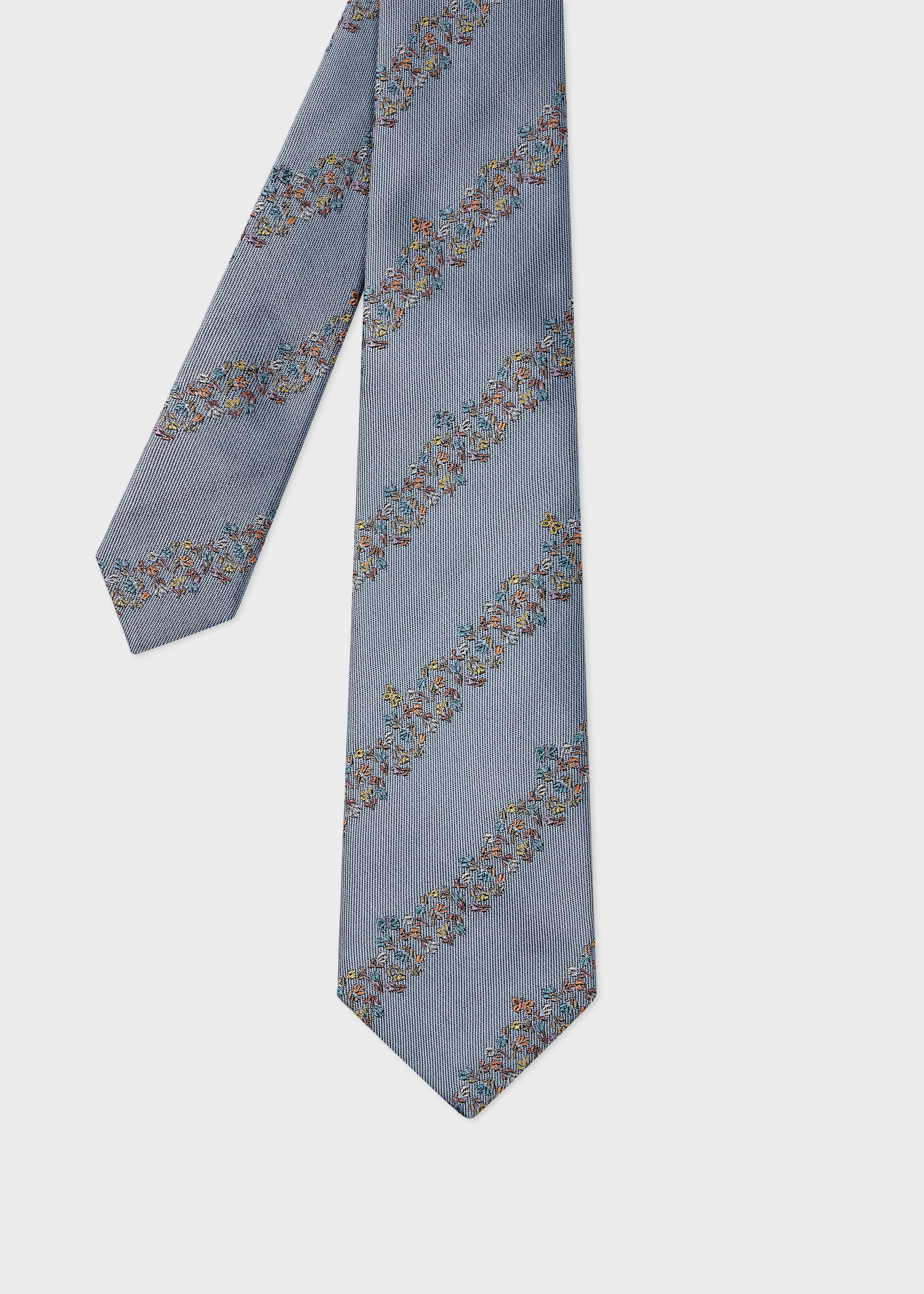 Blue Embroidery Floral Stripe Tie - 1