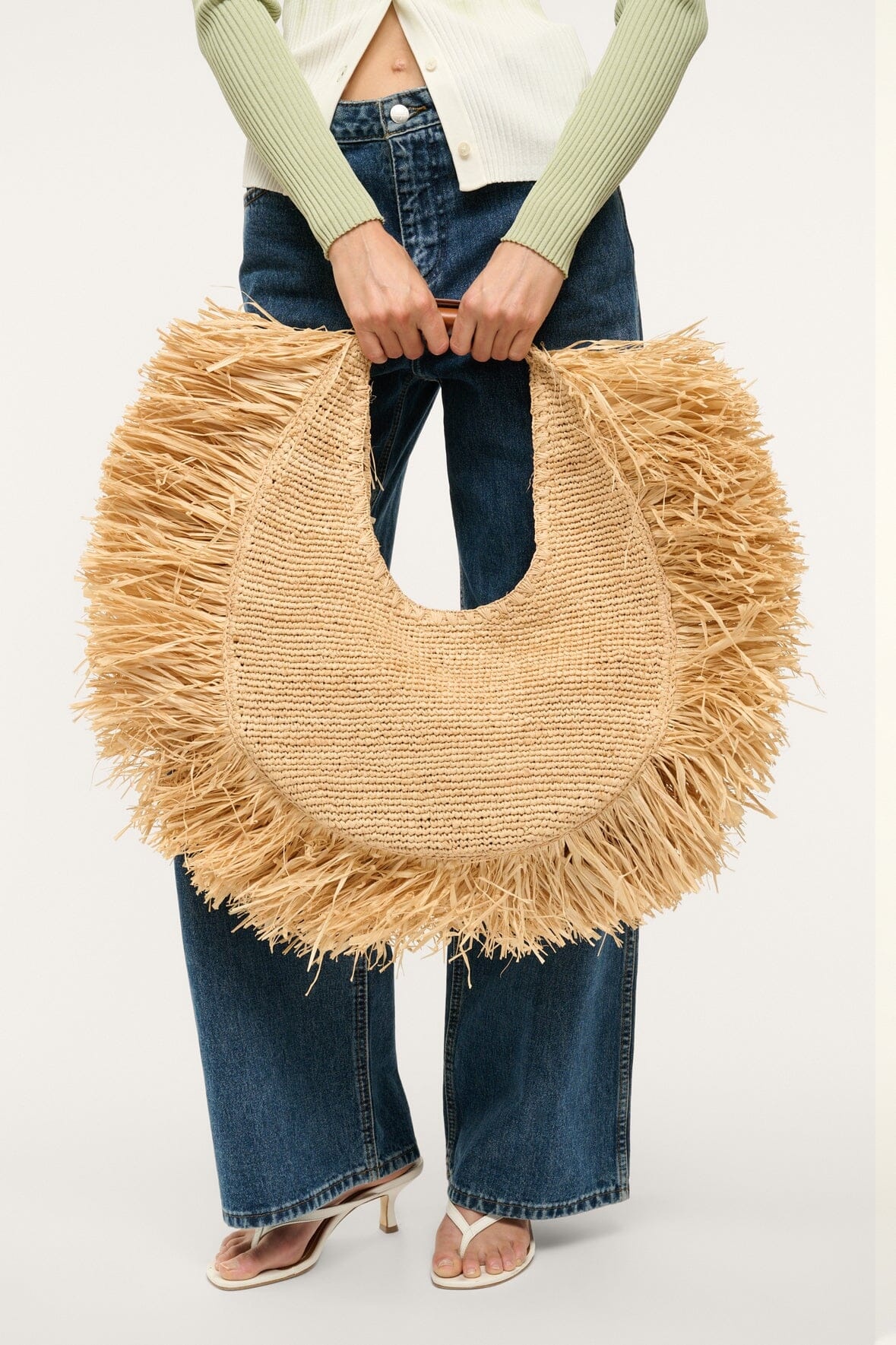 STAUD LARGE RAFFIA MOON TOTE BAG NATURAL FRINGE - 4