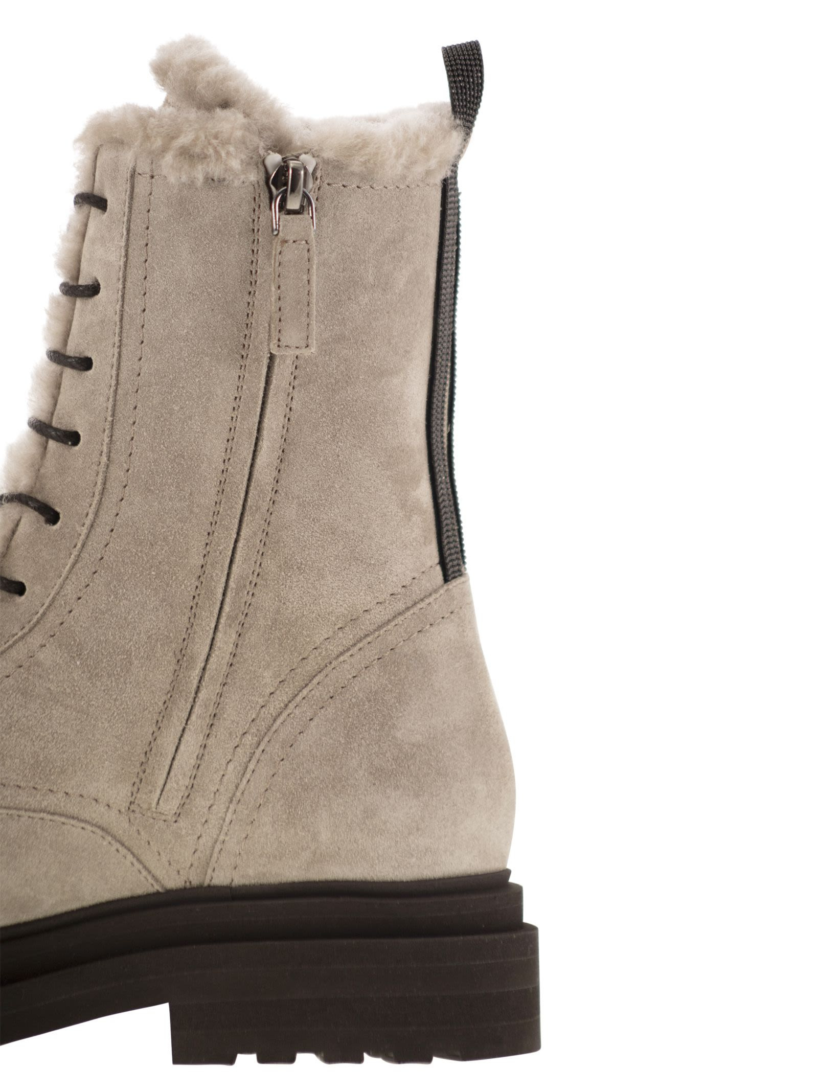 Brunello Cucinelli Women Suede Boot With Shearling Lining And Shiny Loop Detail - 7