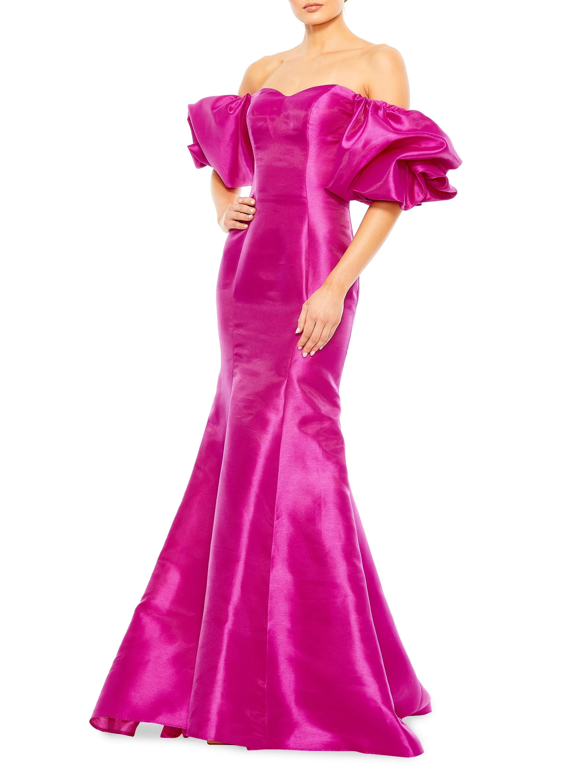 Women's Sweetheart Off-The-Shoulder Puff-Sleeve Gown - Fuchsia - 1